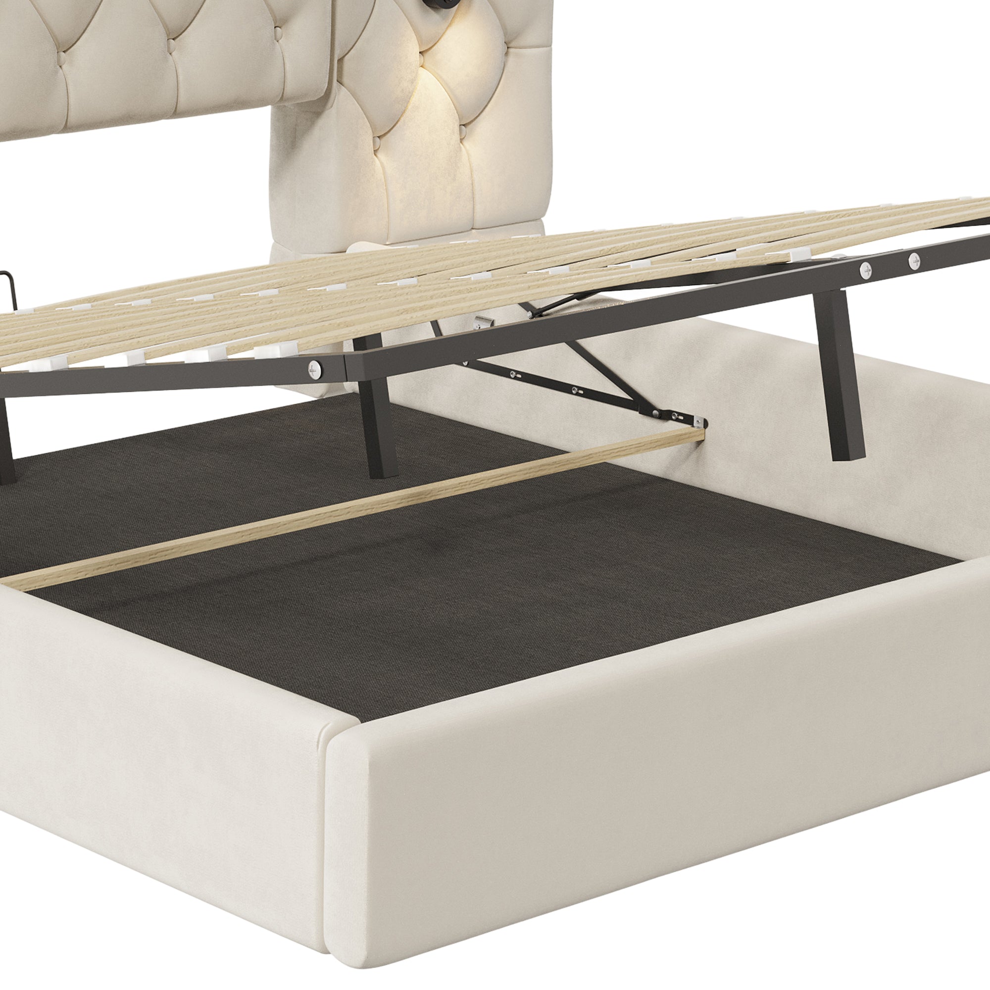 Logidon bedframe beige fluweel met lang hoofdeinde en USB-poorten