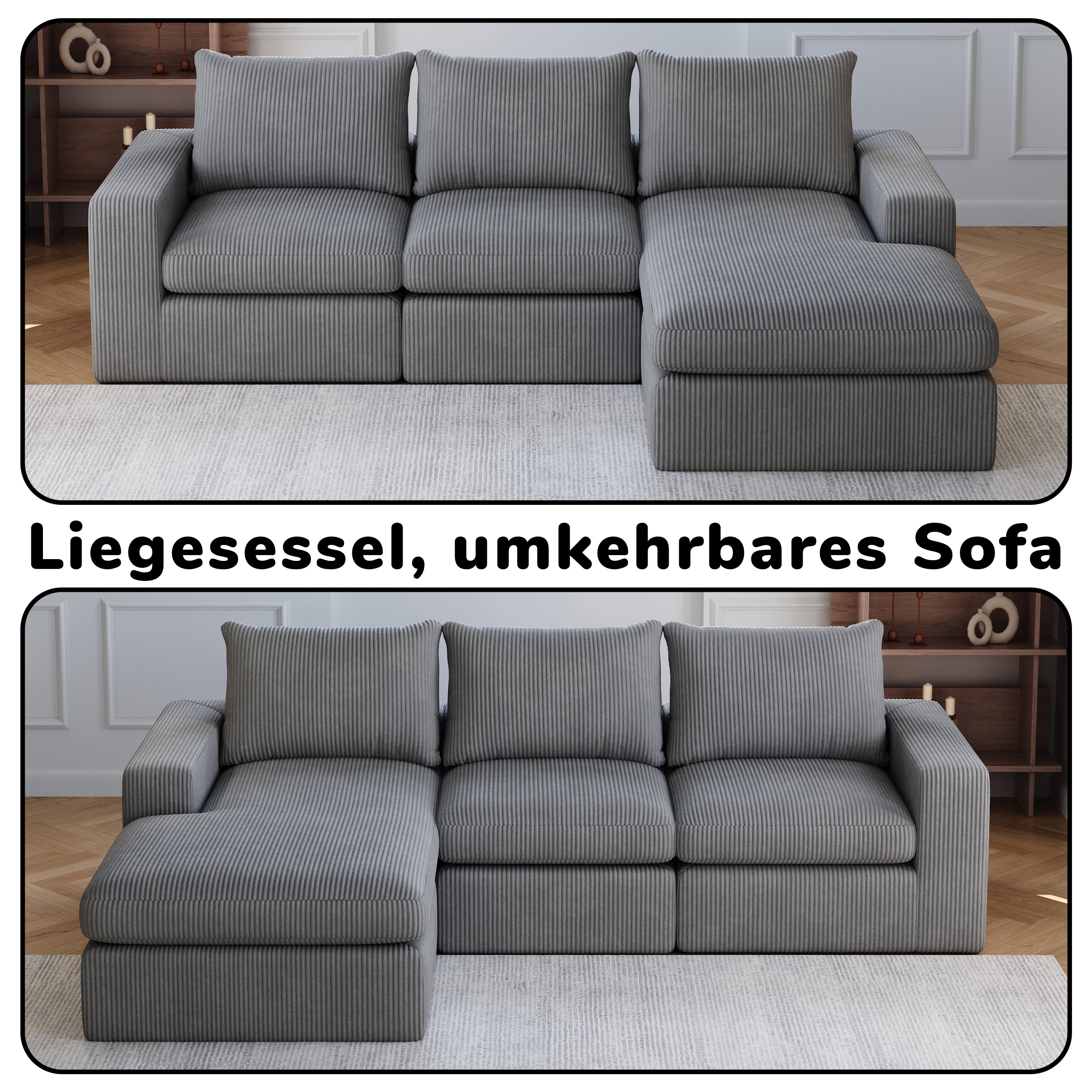 Logidon Gray Cord Sofa With Chaise Longue L Shape Three Cushions
