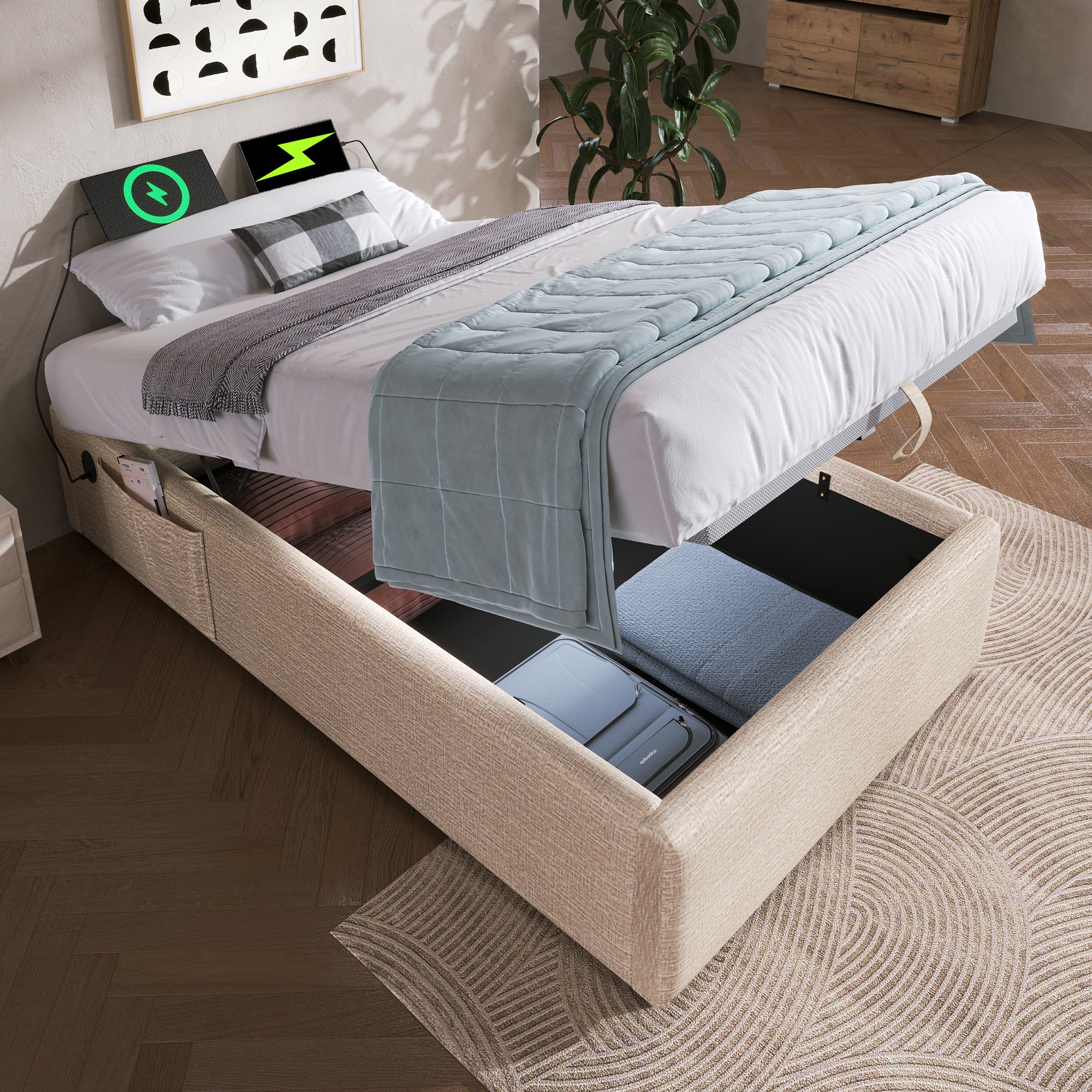Logidon upholstered bed 90x190 beige USB C bed frame without headboard