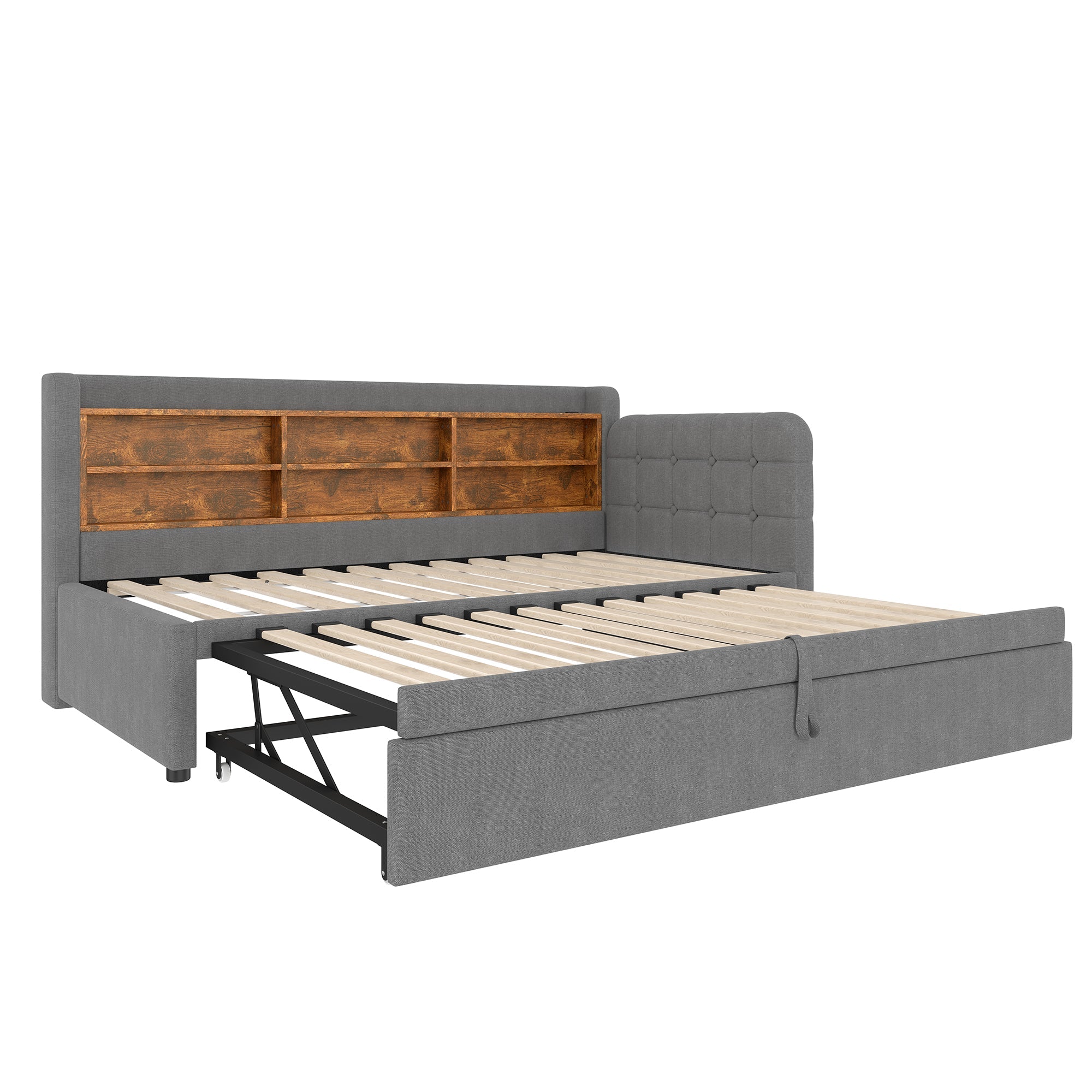 Logidon Daybed 90x200cm grijs linnen uitschuifbare slaapbank USB Type C