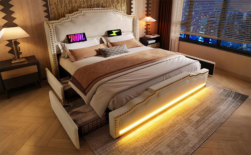 Logidon gestoffeerd bed 140x200 beige met 4 lades LED USB-C