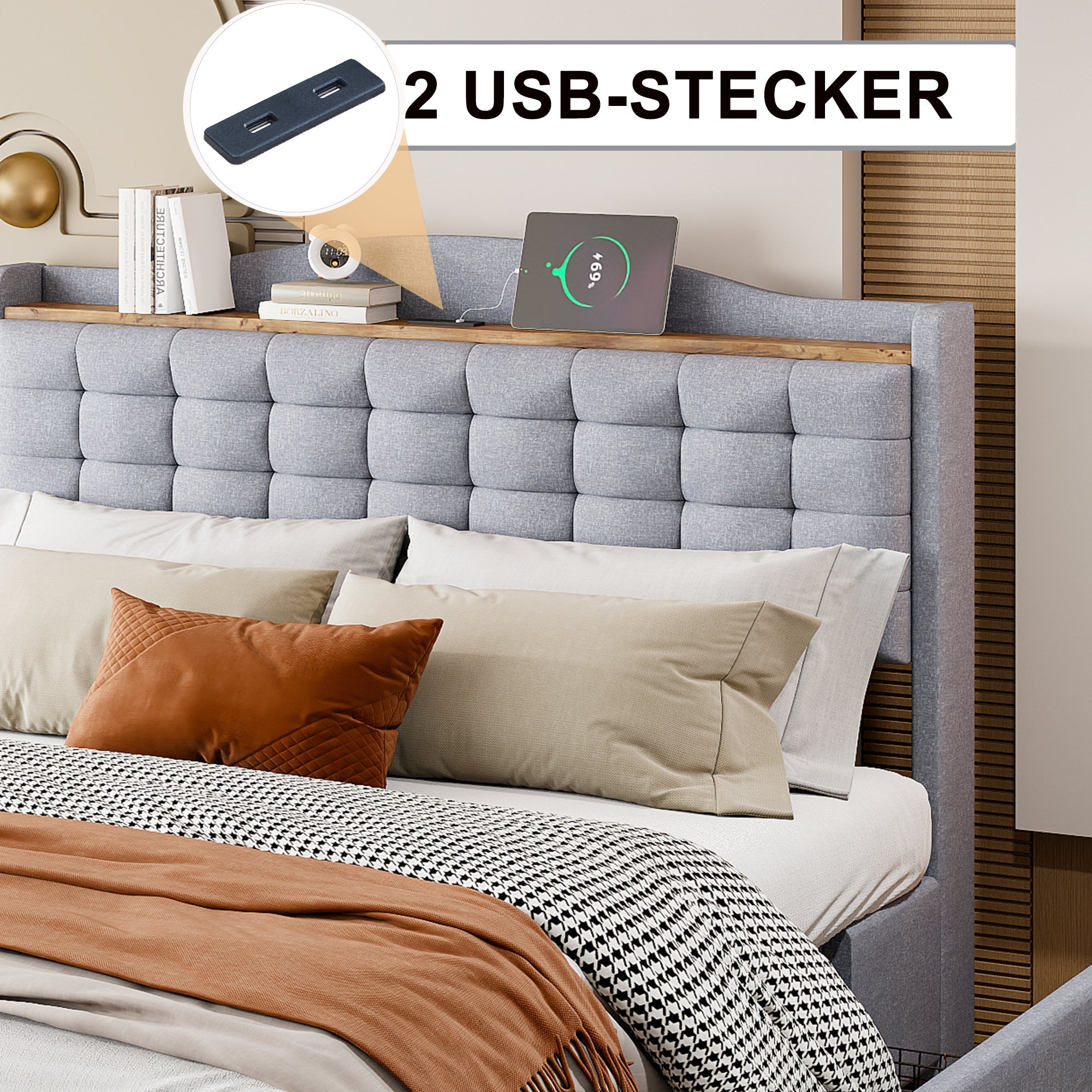 Logidon gestoffeerd bed 140x200 grijs linnen met USB-oplaadpoort
