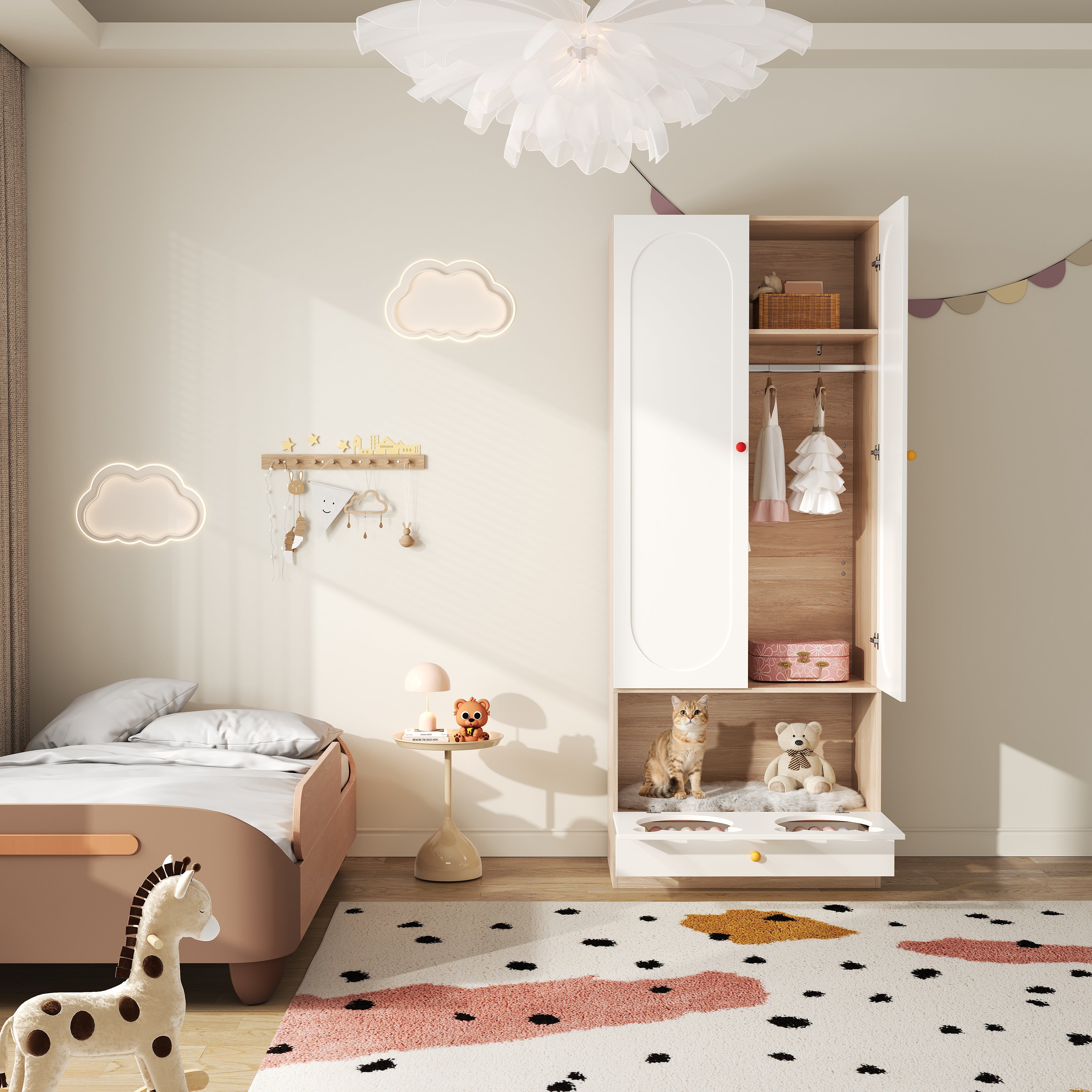 Logidon kinderkledingkast wit naturel hout met kattenmand 80x50x200cm