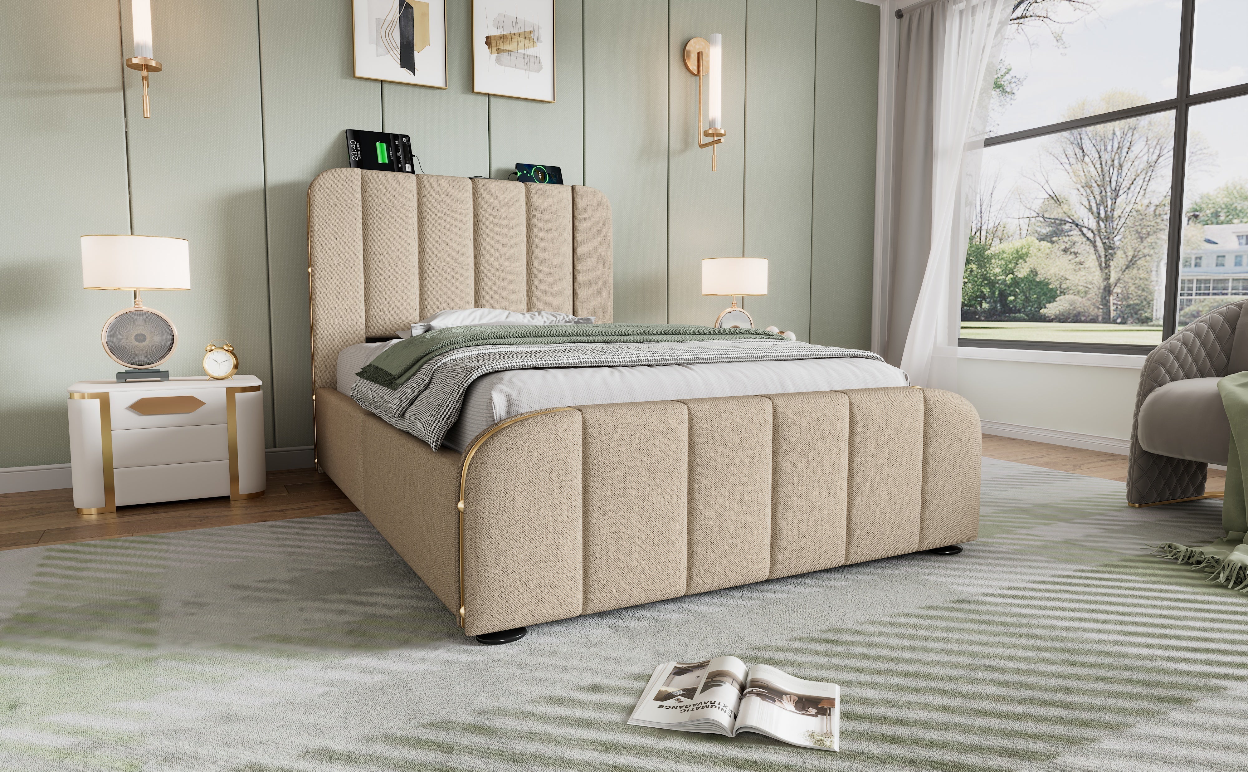 Logidon gestoffeerd bed 90x200 beige USB Type C oplaadfunctie 4 lades