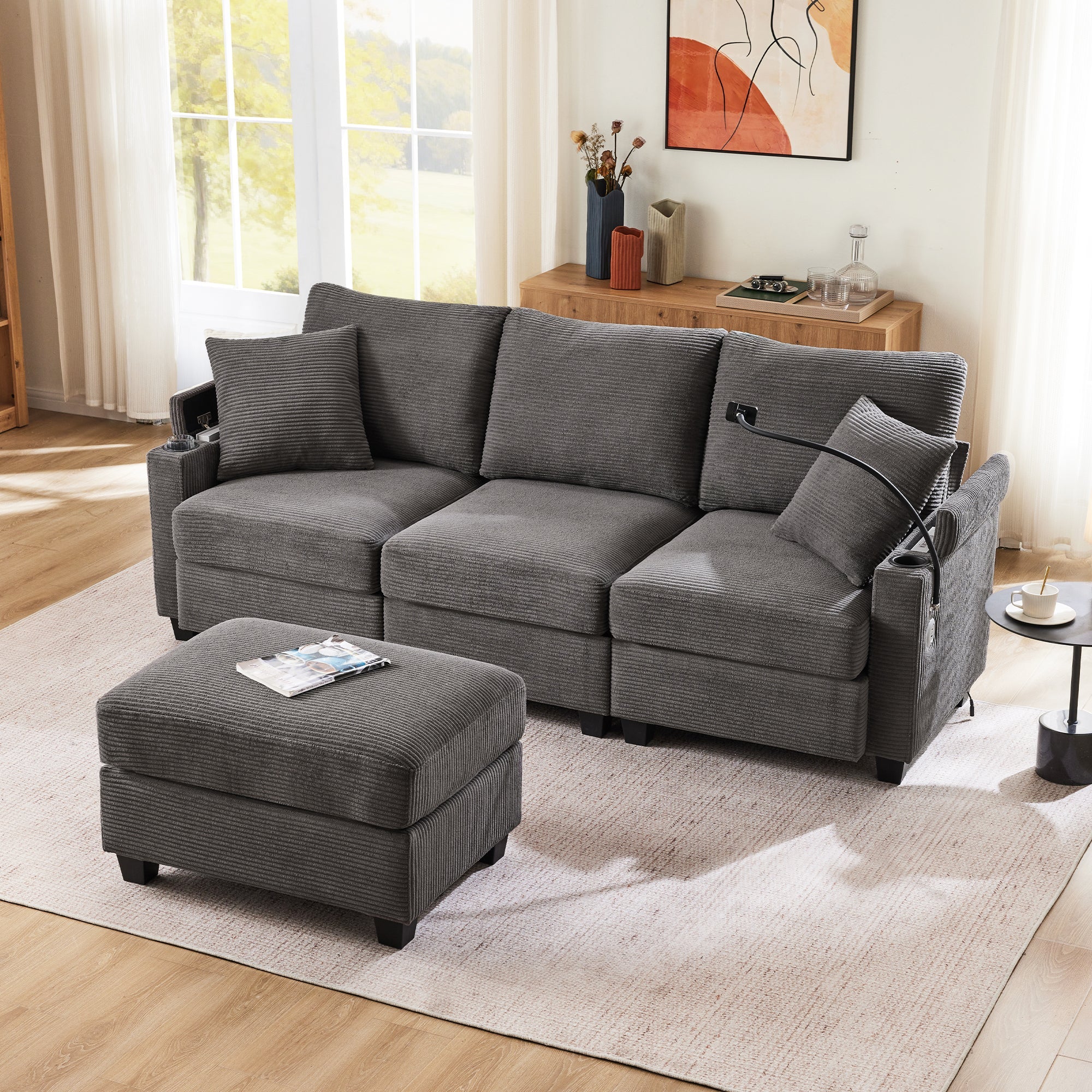 Logidon L-vorm Hoekbank Donkergrijs Corduroy Met USB-oplader