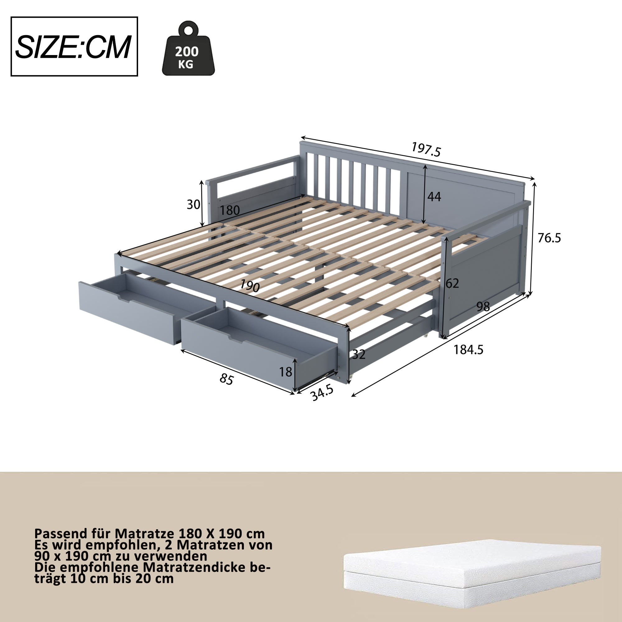 Logidon twee-in-één dagbed 90x190 cm grijs, opbergruimte, uitschuifbaar bed