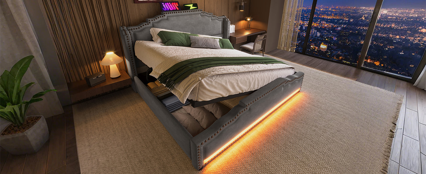 Logidon gestoffeerd bed 140x200 met hydraulische opbergruimte LED USB-C grijs