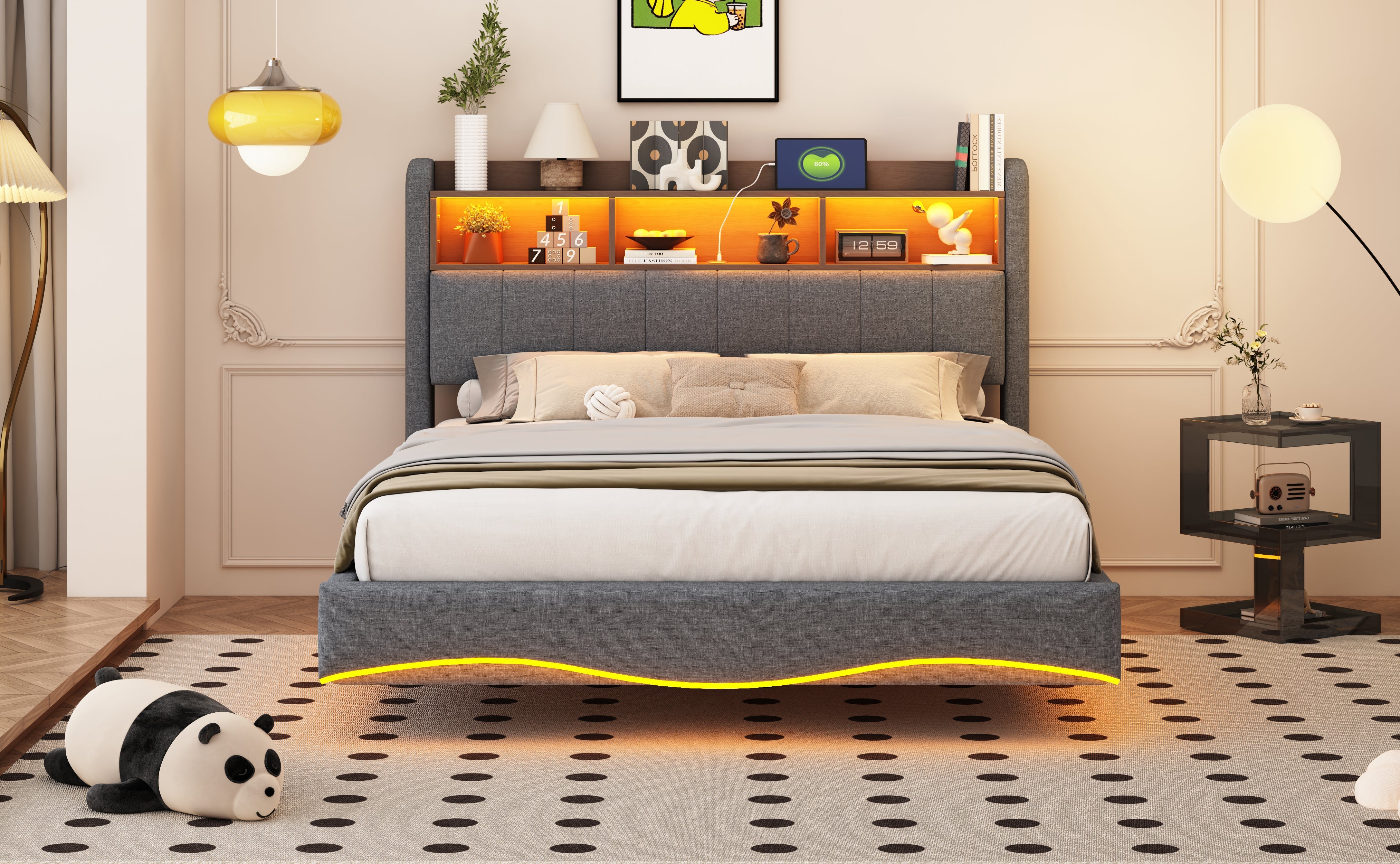 Logidon upholstered bed 140x200 gray with LED light USB storage space