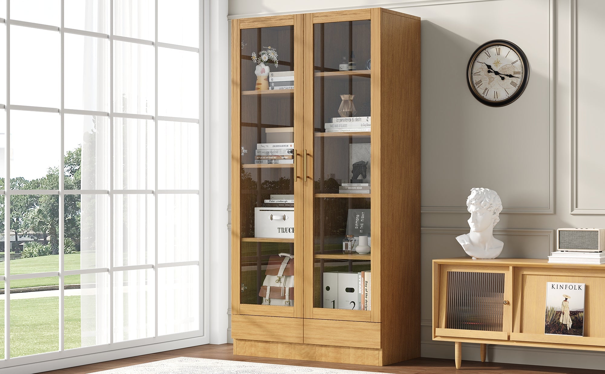 Logidon vitrinekast 80x40x160 cm naturel hout met push-to-open lades
