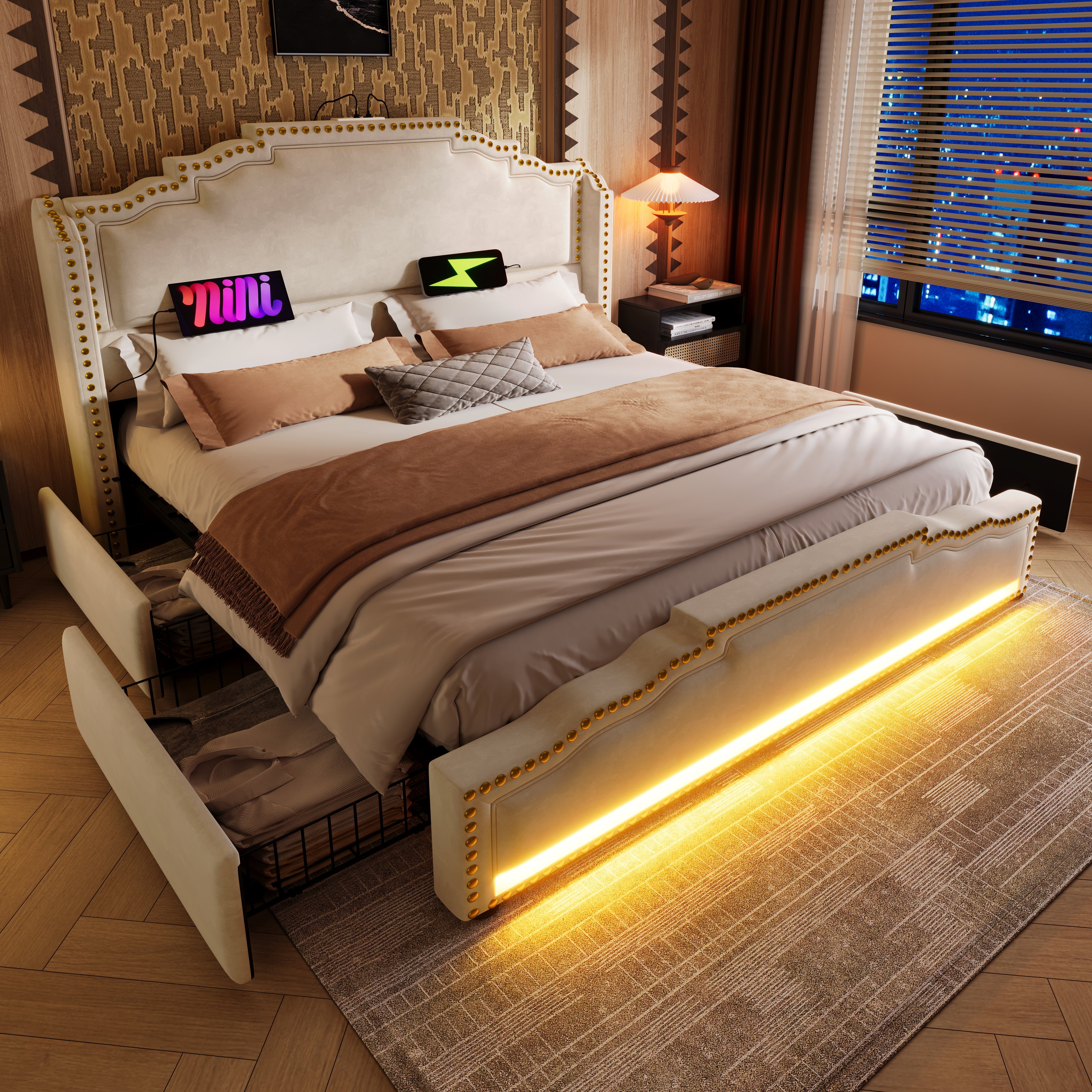 Logidon gestoffeerd bed 140x200 beige LED USB C 4 lades met matras