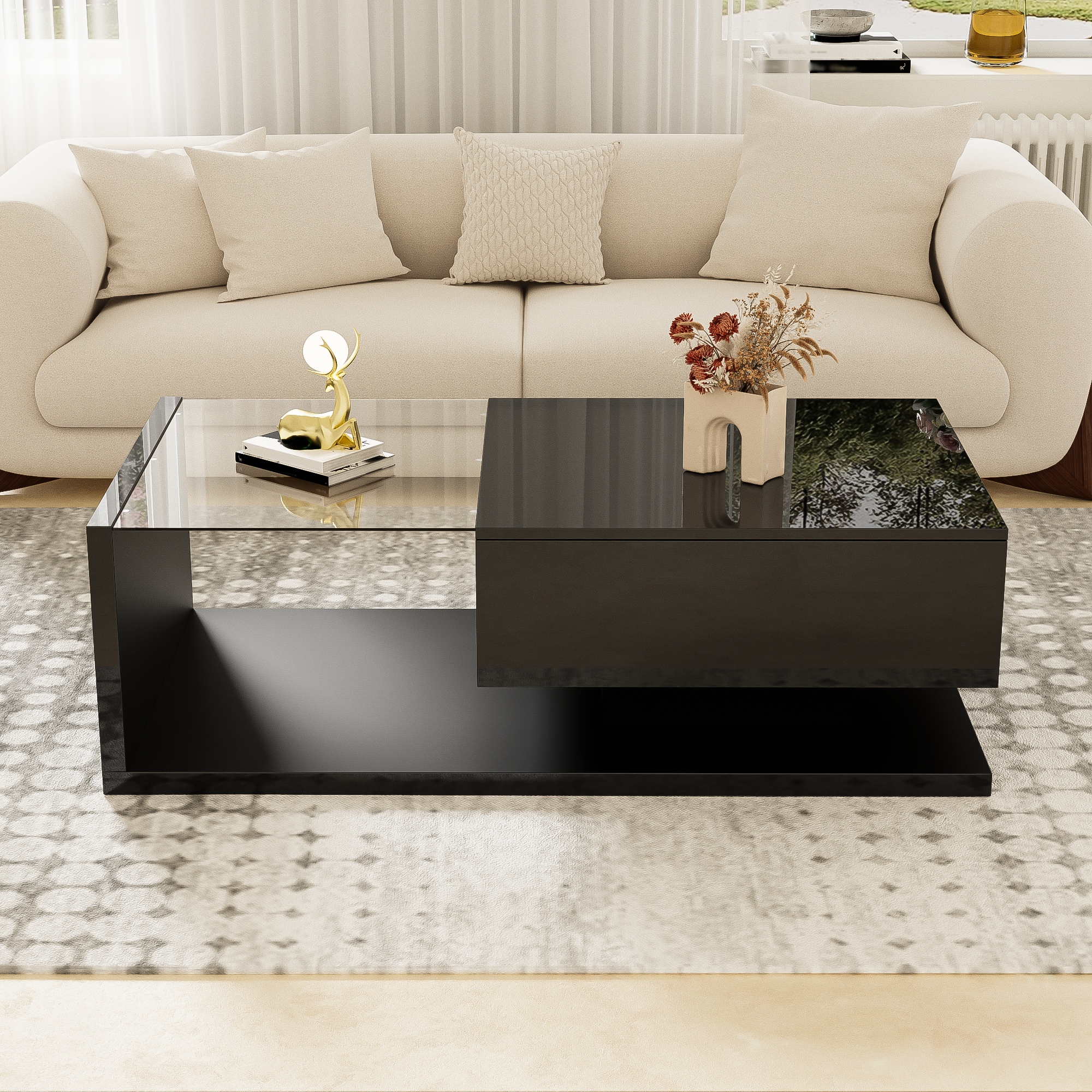 Logidon salontafel hoogglans zwart met glas en LED effect 105 cm