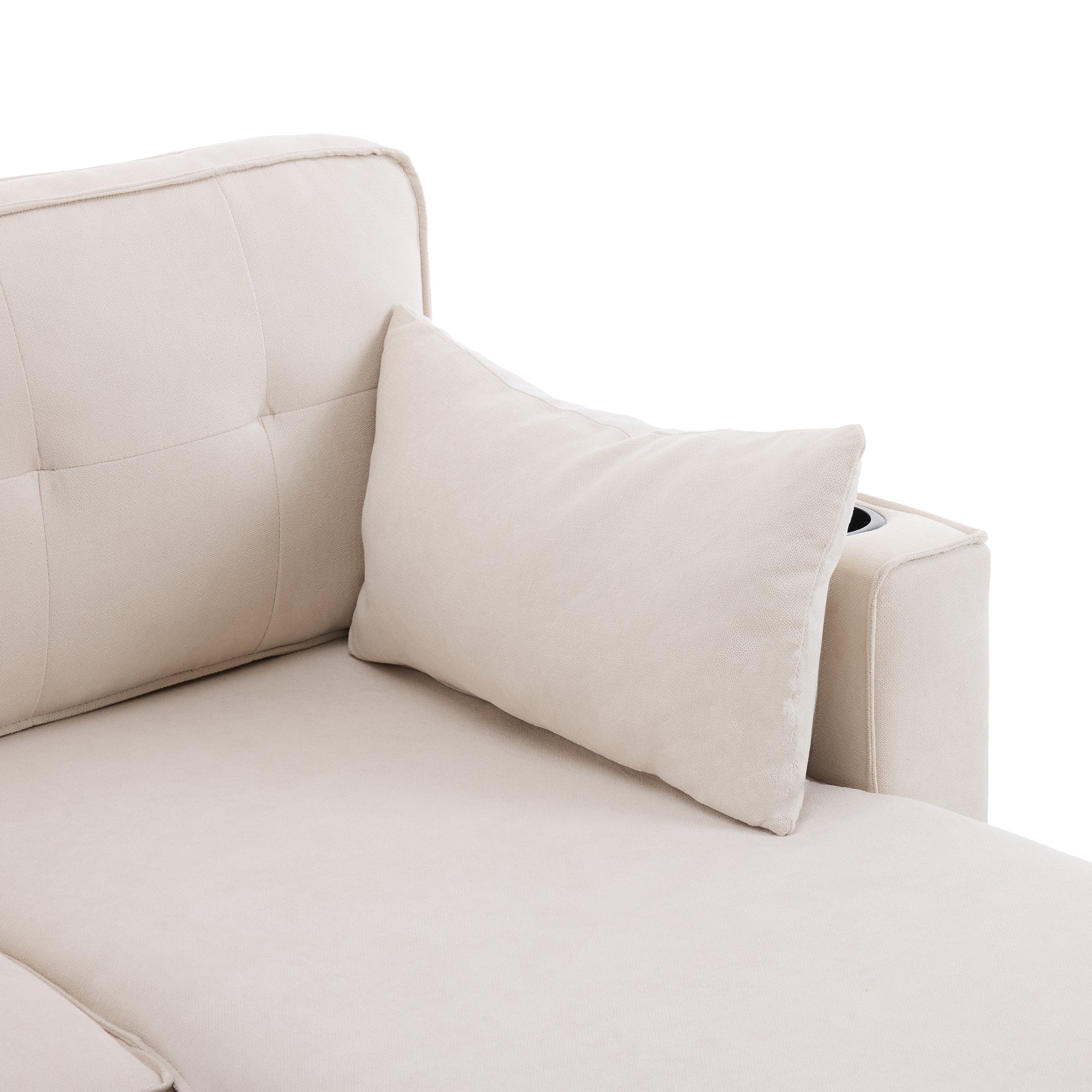 Logidon slaapbank L-vorm beige stof met opbergruimte en bekerhouder
