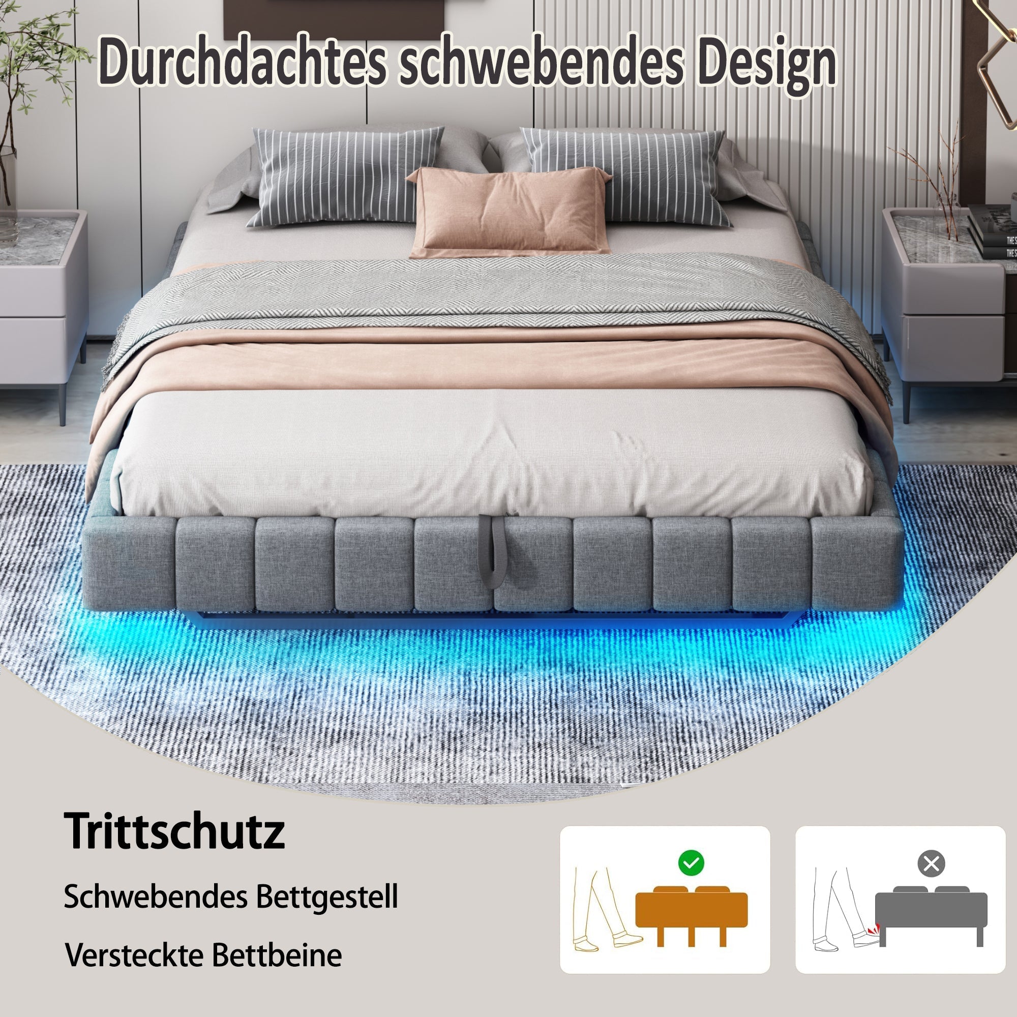 Logidon gestoffeerd bed 140x200 cm met opbergruimte LED licht linnengrijs