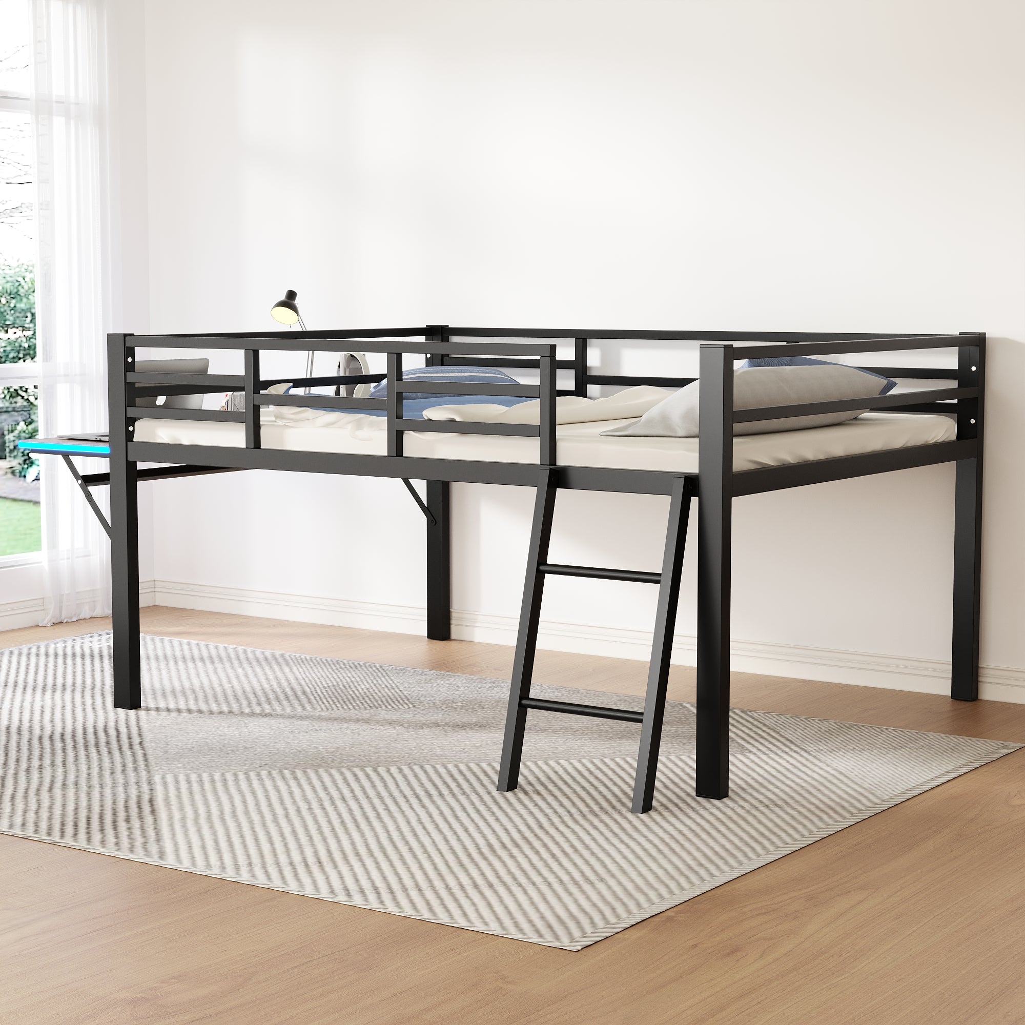 Logidon plat bed 140 x 200 cm metalen bed zwarte reling bureau