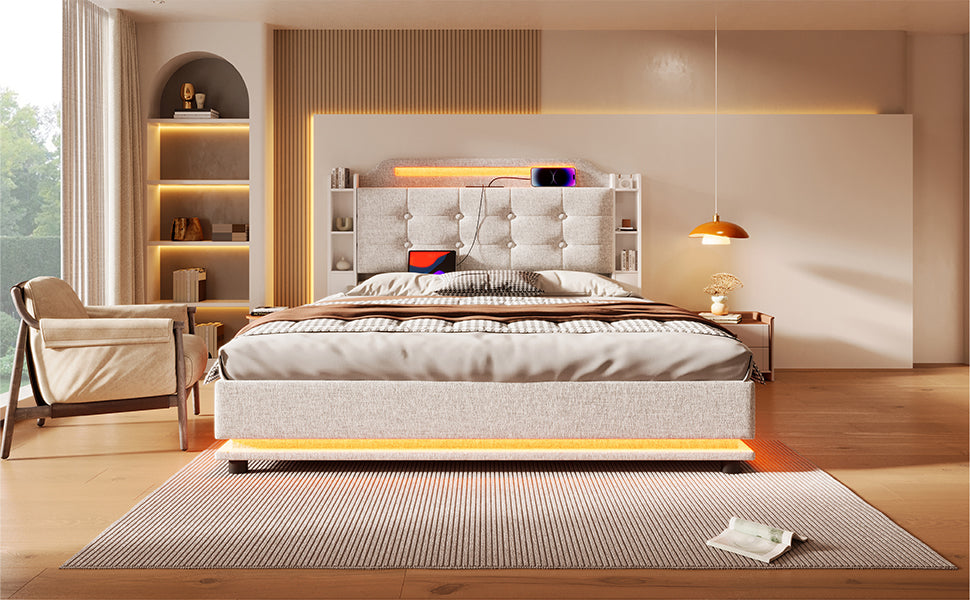 Logidon gestoffeerd bed 140x200 beige met LED lichtstrip en opbergruimte