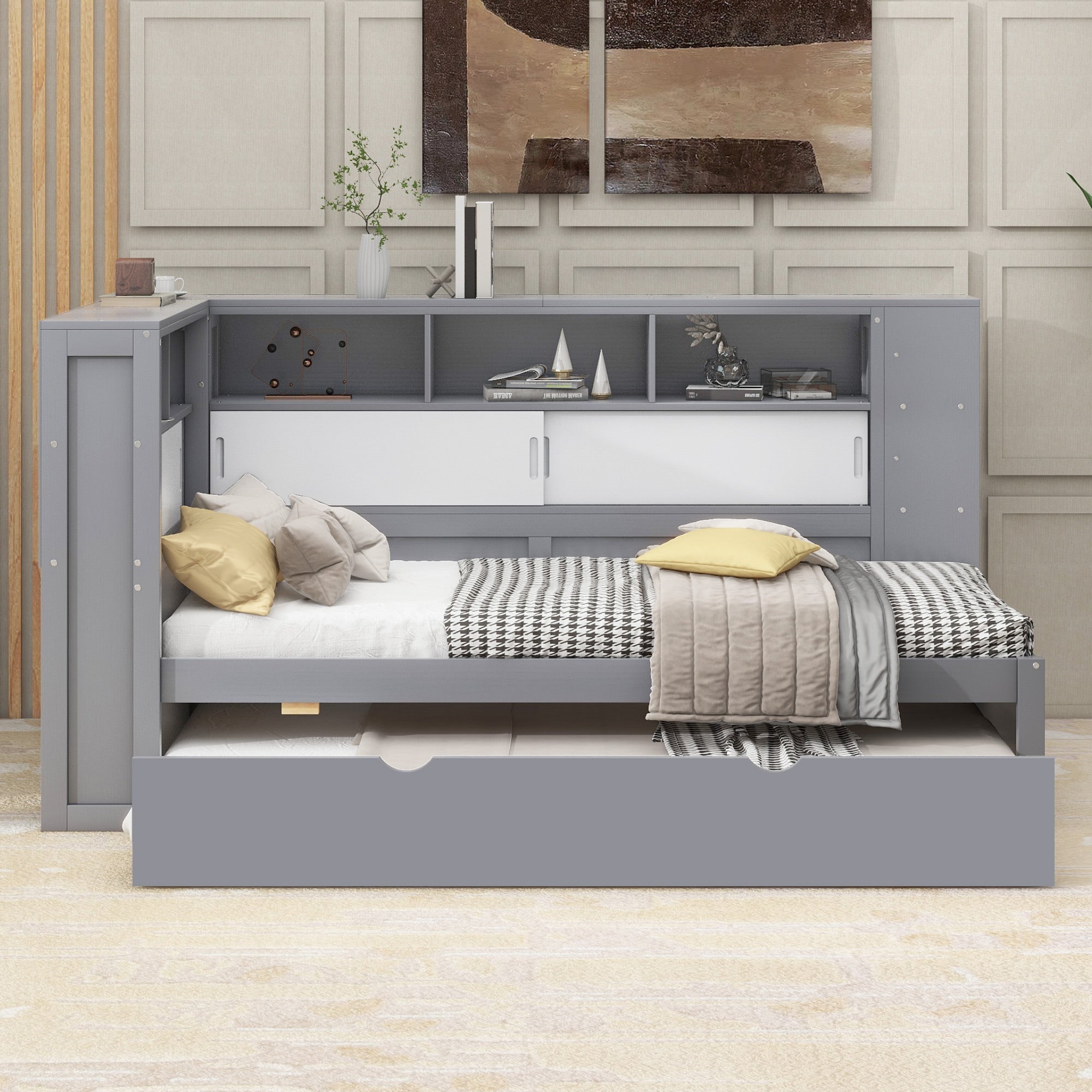 Logidon daybed 90x200 cm grijs met uitschuifbaar bed USB opbergvak