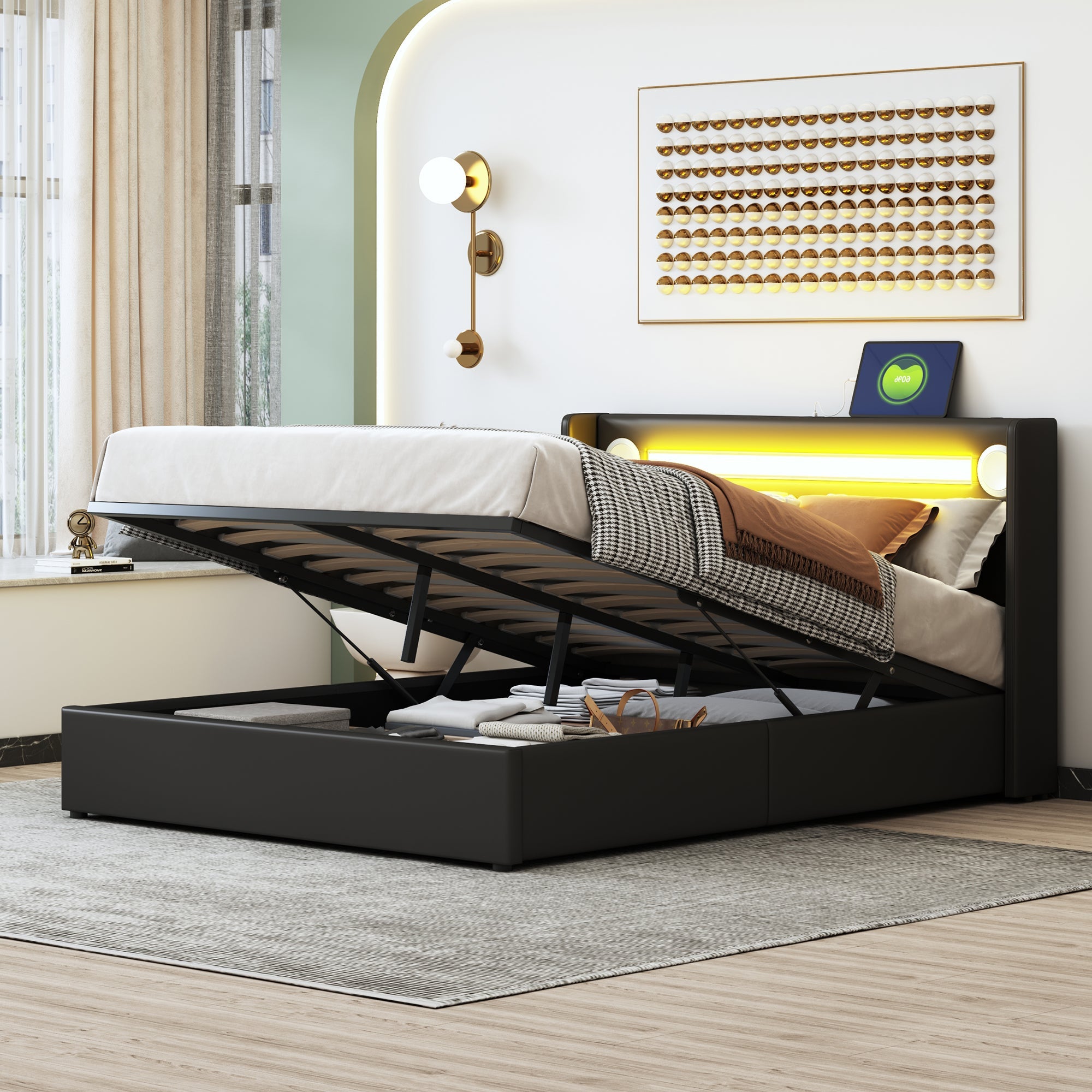 Logidon gestoffeerd bed 140x200 zwart met LED lichtstrip Bluetooth en USB