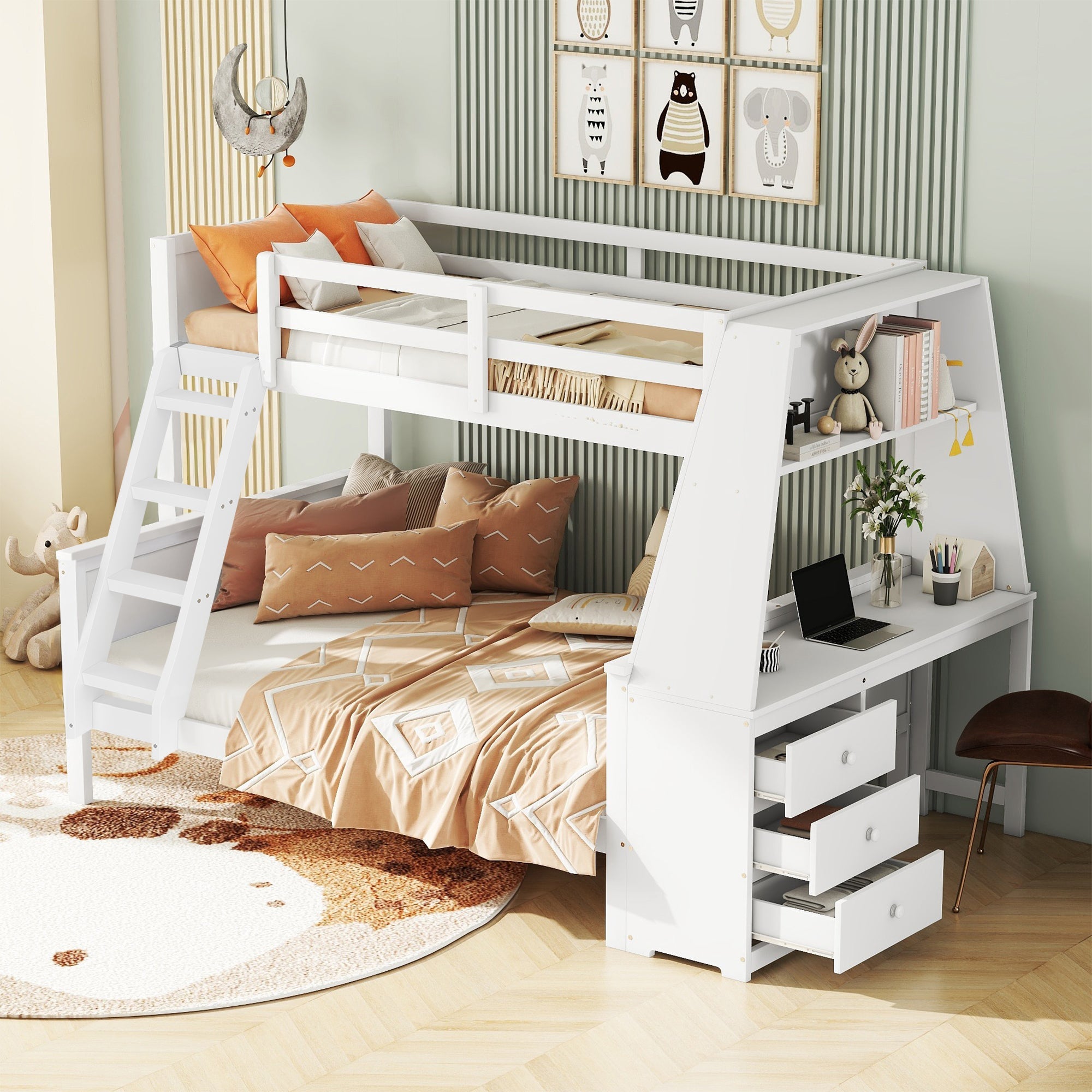 Logidon Bunk Bed 90x200 and 140x200 with Table and Storage Space White