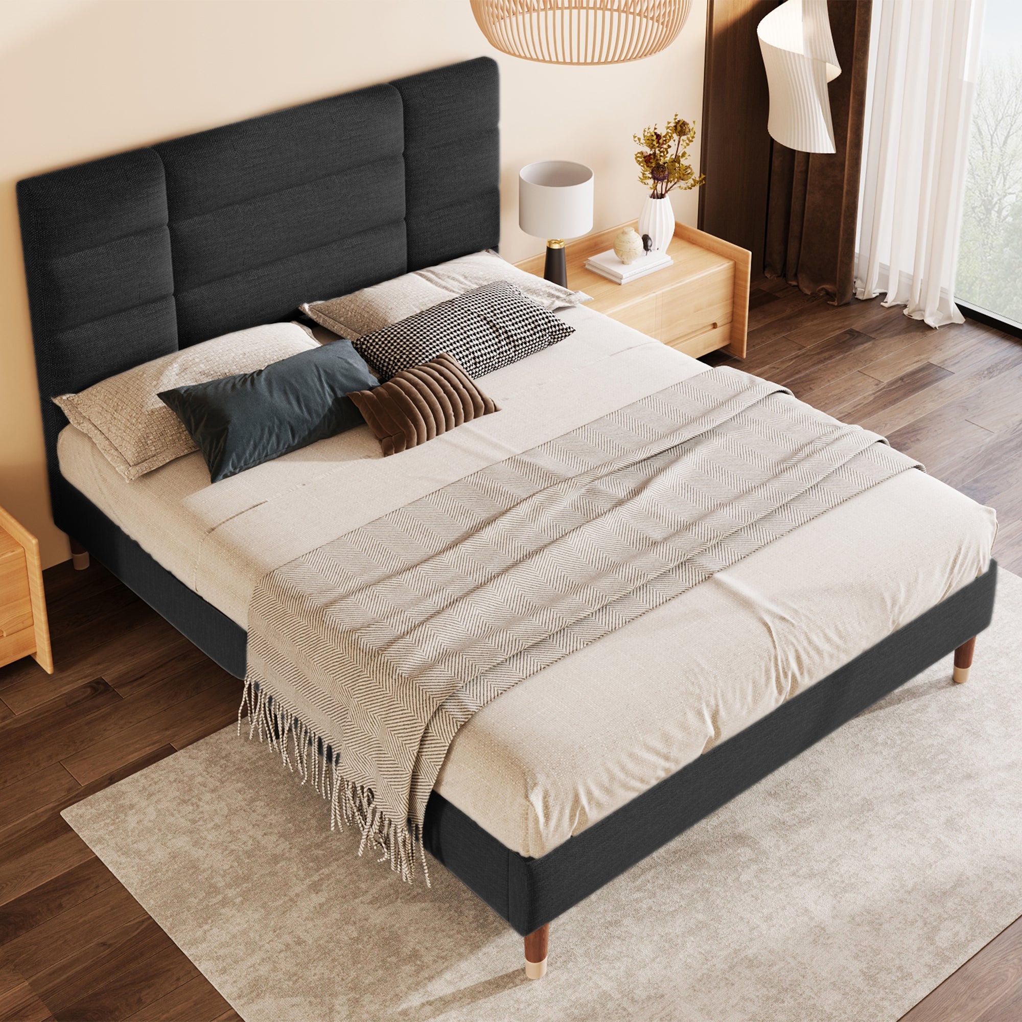 Logidon gestoffeerd tweepersoonsbed met lattenbodem 140x200 zwart linnen hoofdeinde