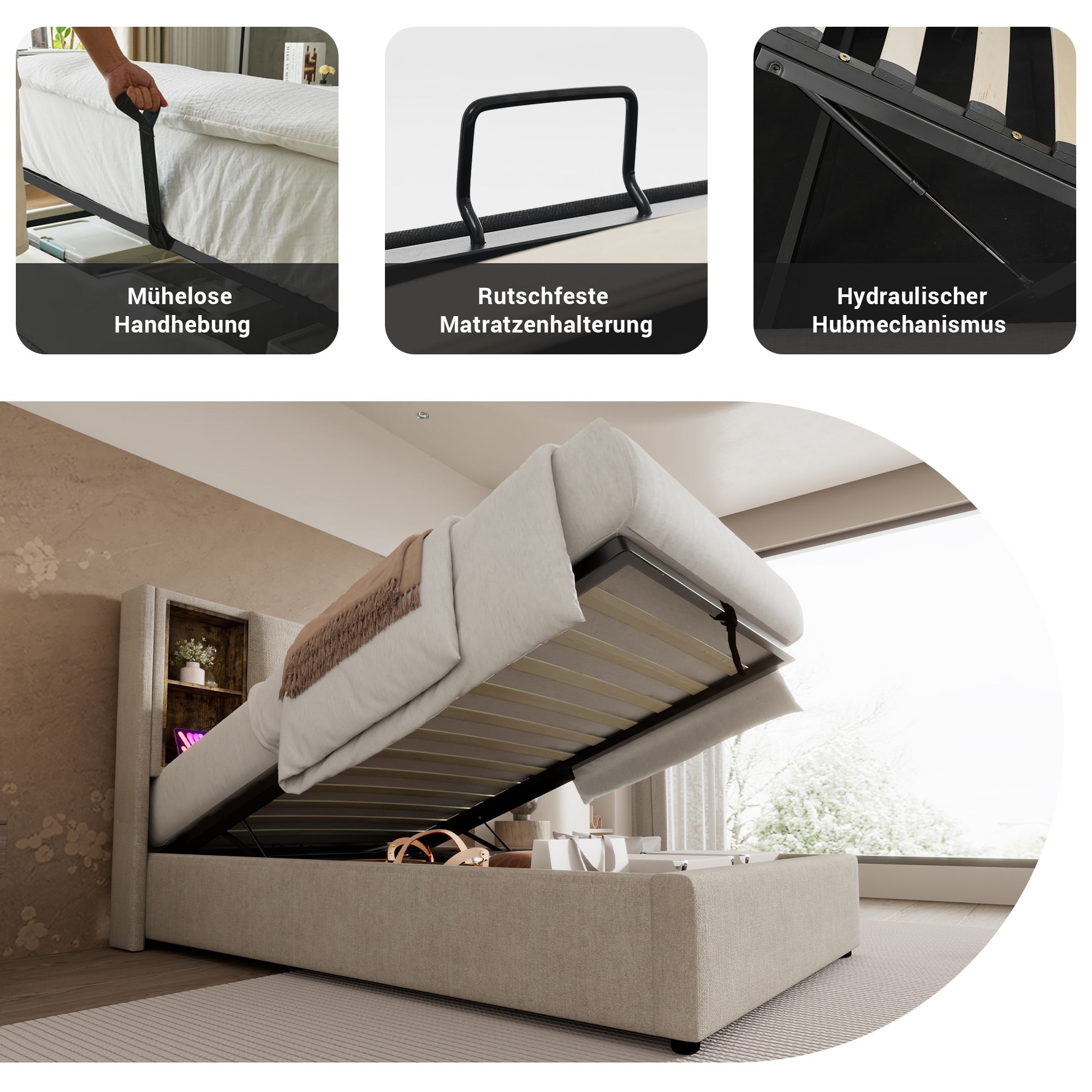 Logidon single bed 90x200 with wireless charging USB-C and storage space
