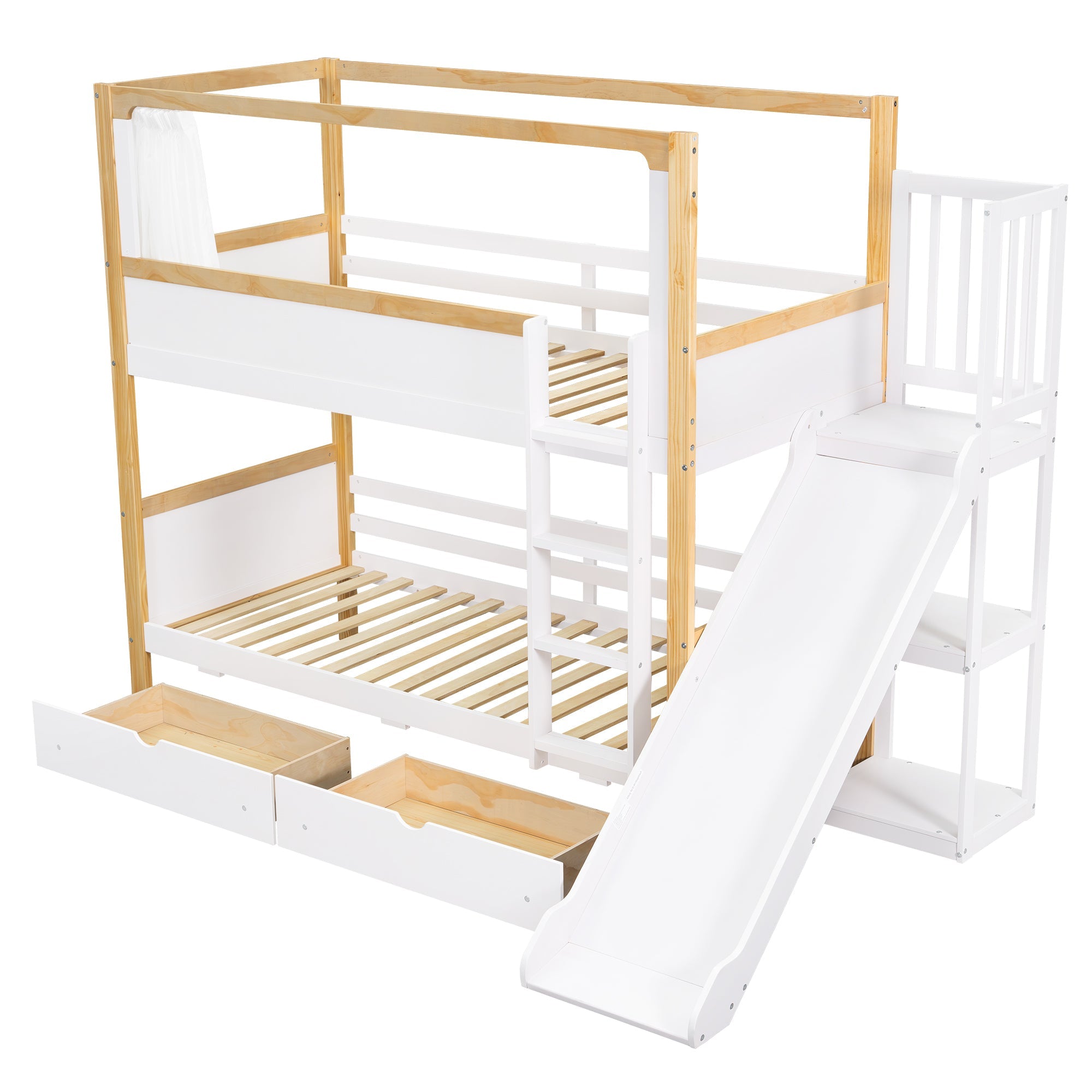 Logidon stapelbed 90x200 wit naturel met glijbaan en lades