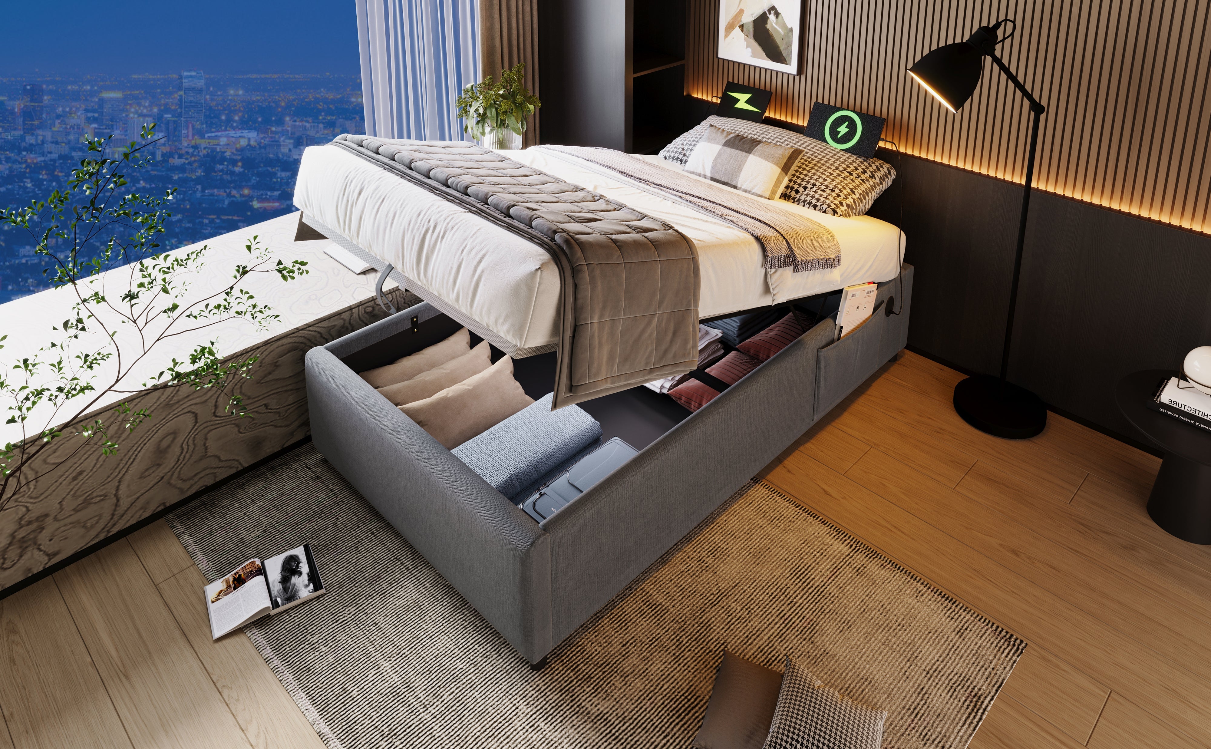 Logidon upholstered bed 90x190 gray with USB C charging function and full slatted frame
