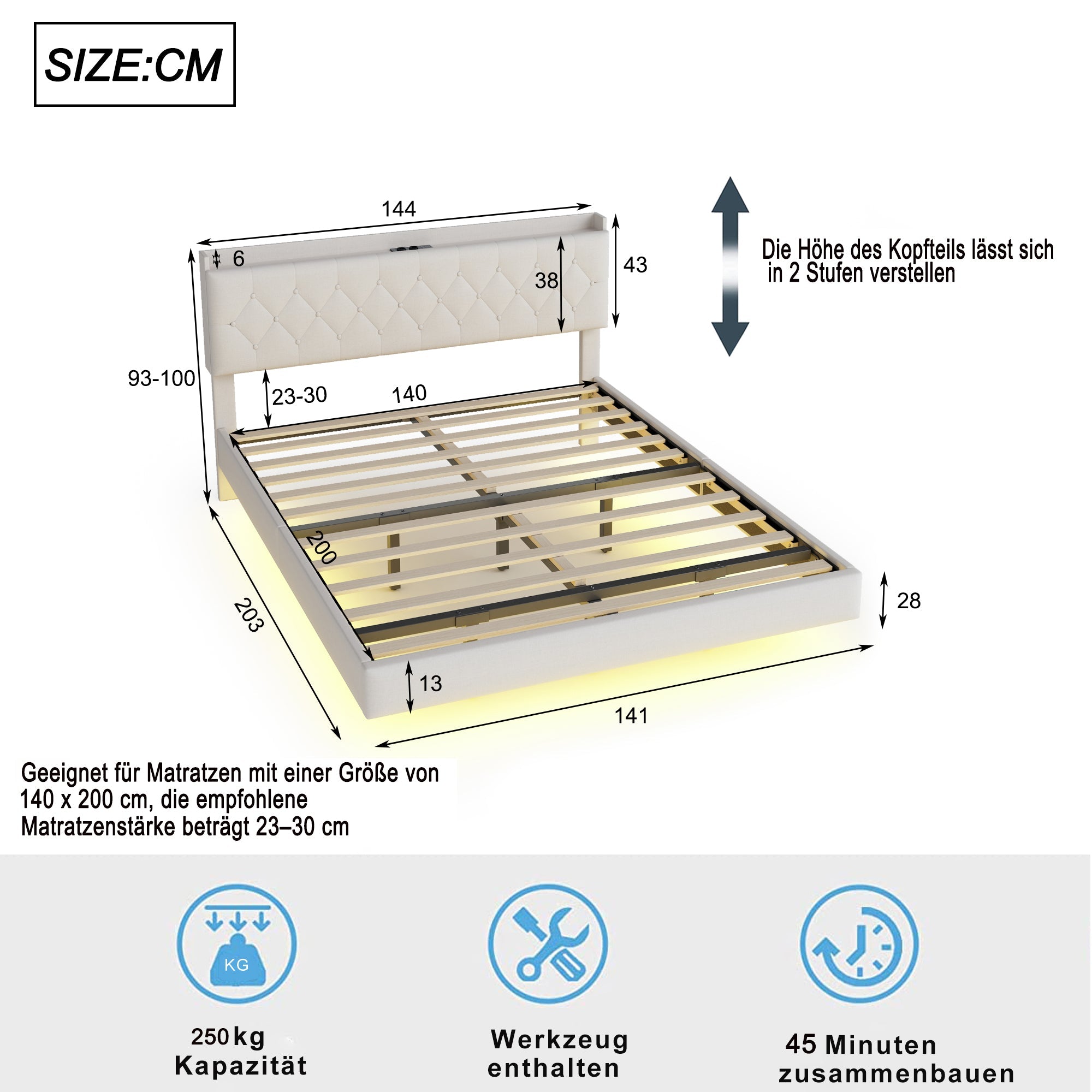 Logidon gestoffeerd bed 140x200 cm beige USB-oplaadpoort LED-lichtstrip
