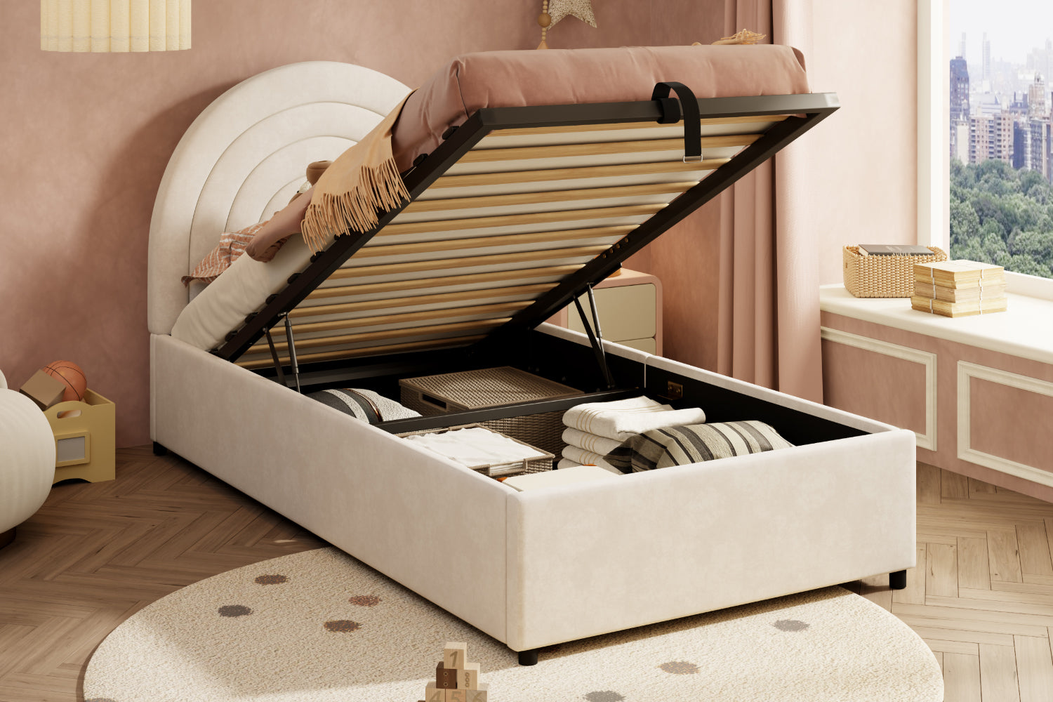 Logidon gestoffeerd bed 90x200 beige fluweel met lattenbodem