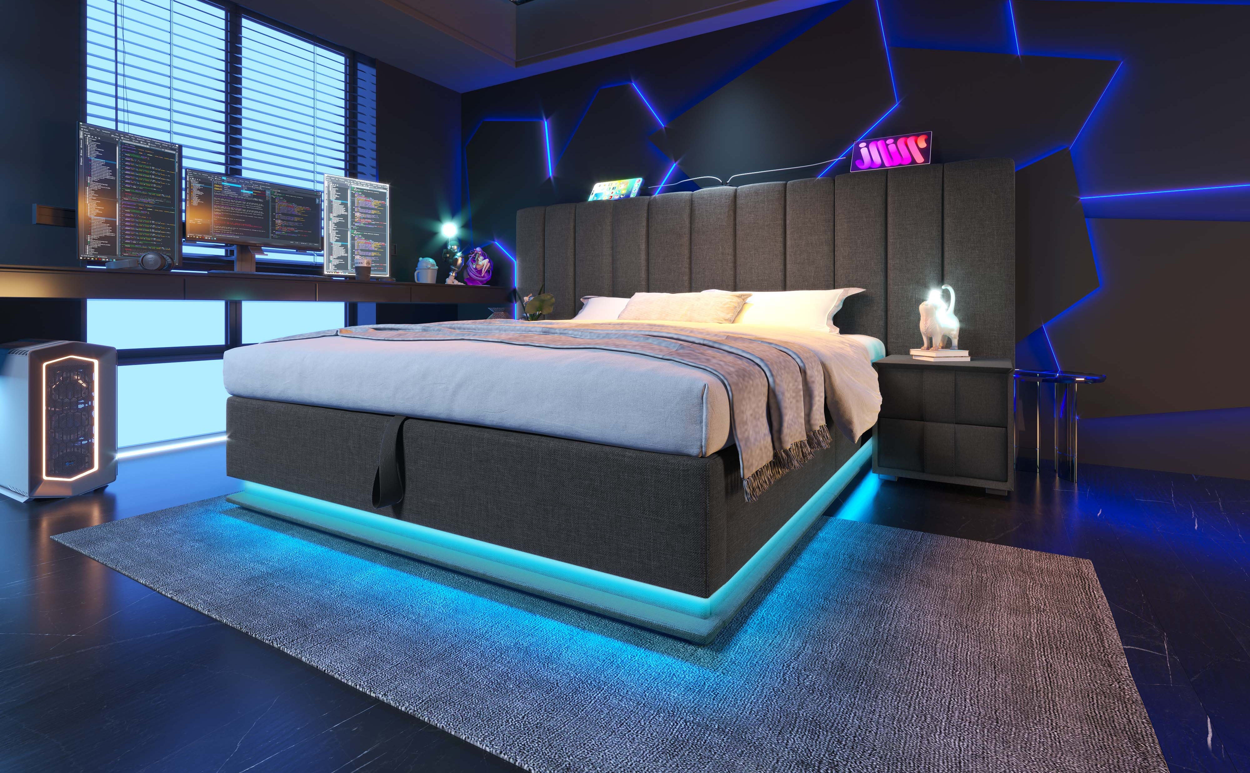 Logidon gestoffeerd bed 160x200 grijs met opbergruimte LED app bediening
