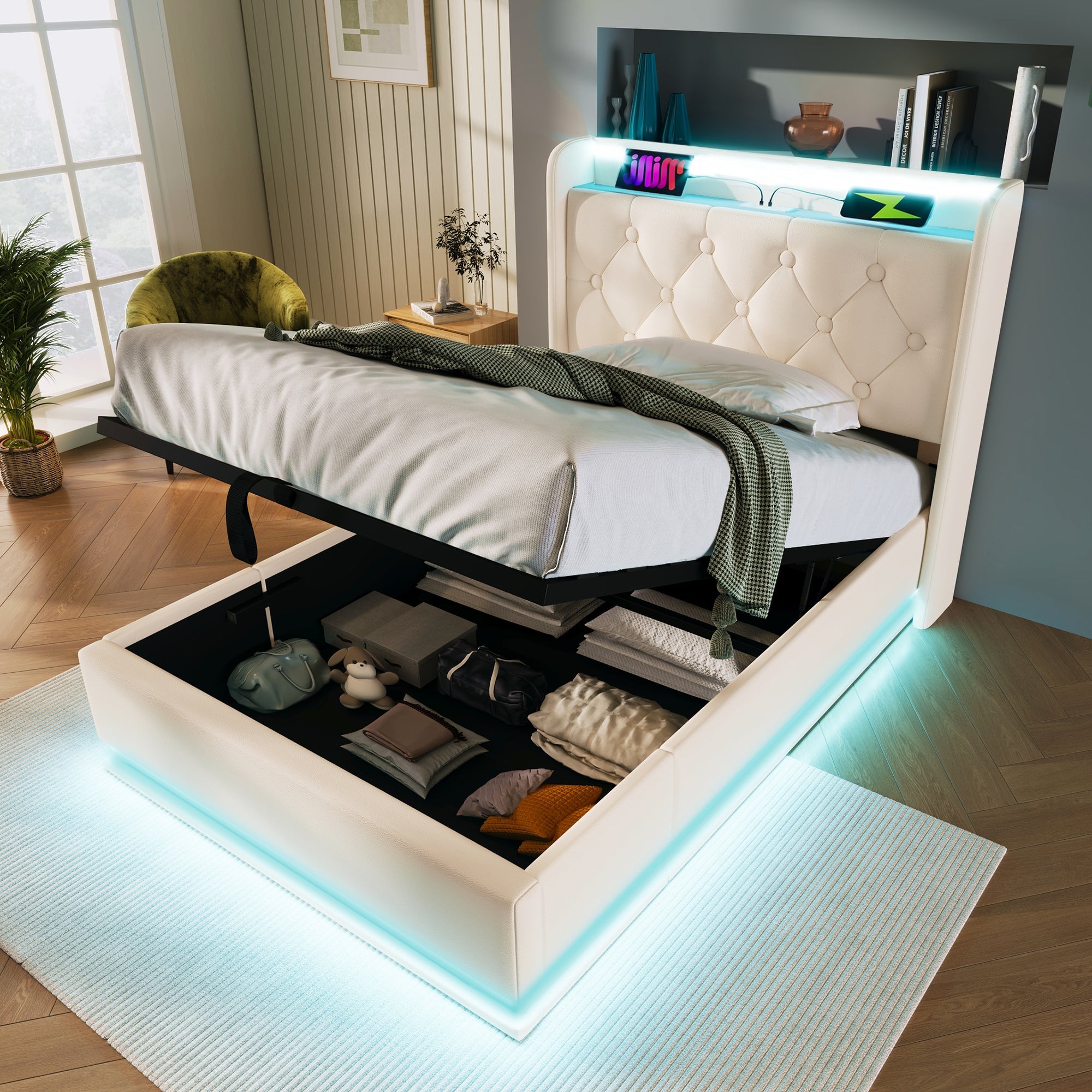 Logidon gestoffeerd bed eenpersoons 90x200 cm wit PU 360 SurroundLED USB C oplaadfunctie