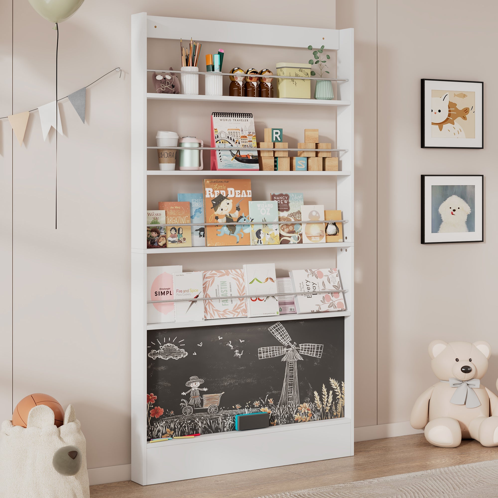 Logidon prentenboekenplank wit anti-tip zwart bord 100 x 10 x 180 cm
