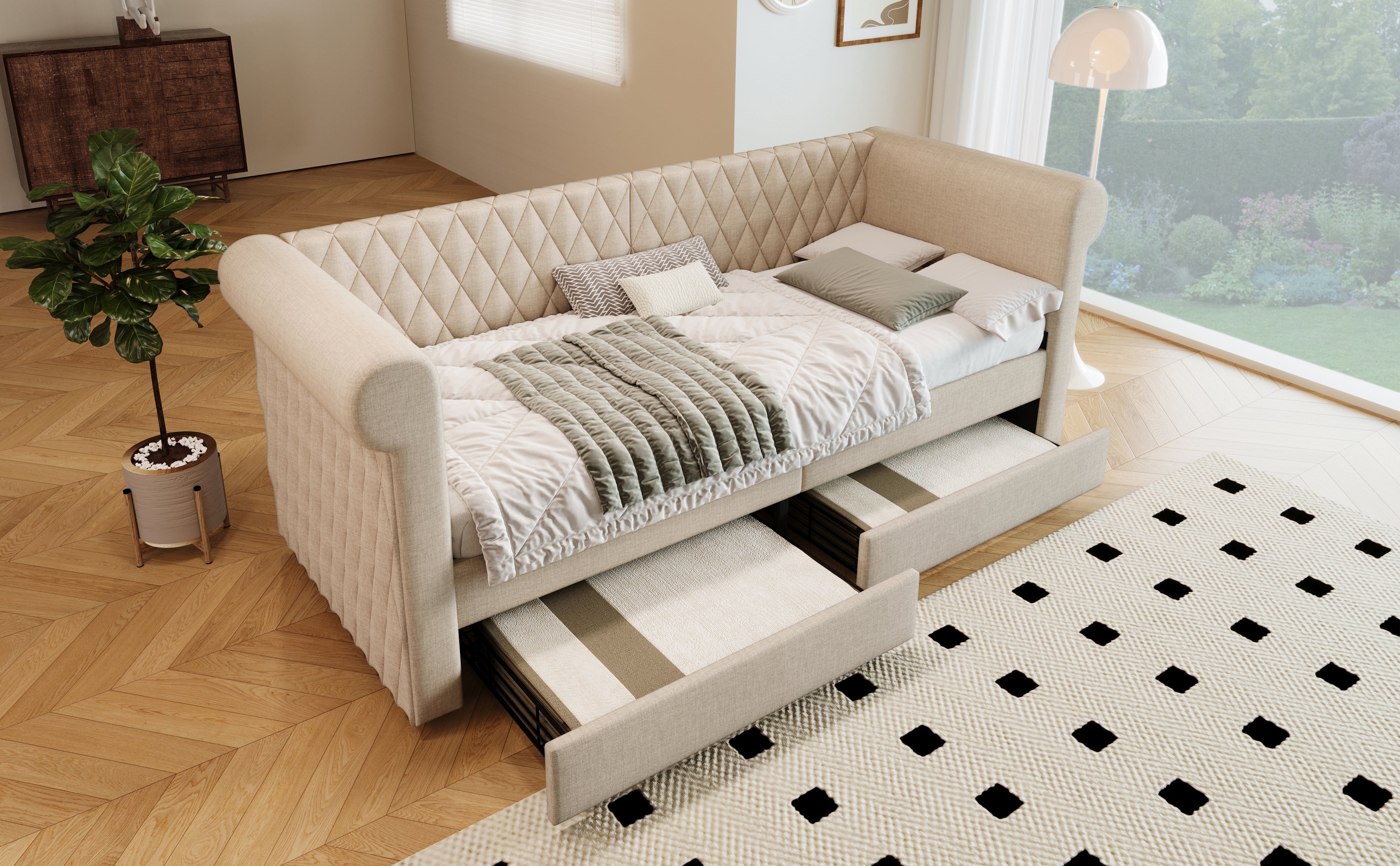Logidon Vintage gestoffeerd bed 90x200 beige linnen slaapbank met opbergruimte