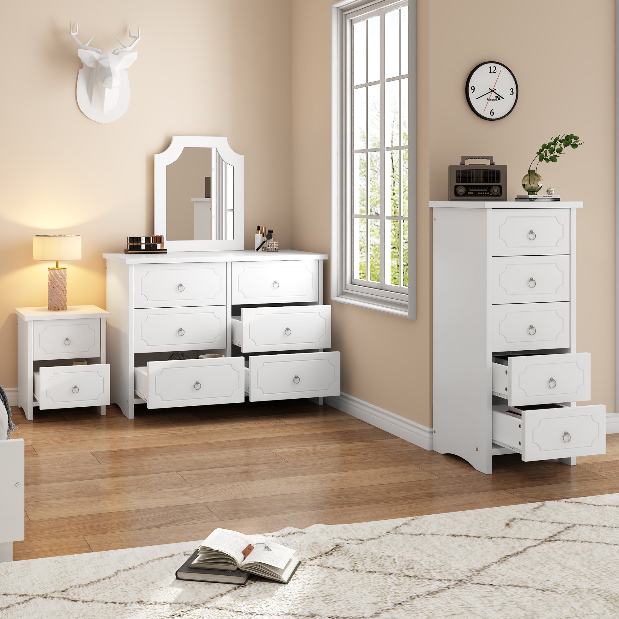 Logidon storage trio white bedside table mirror cabinet and 5 drawers