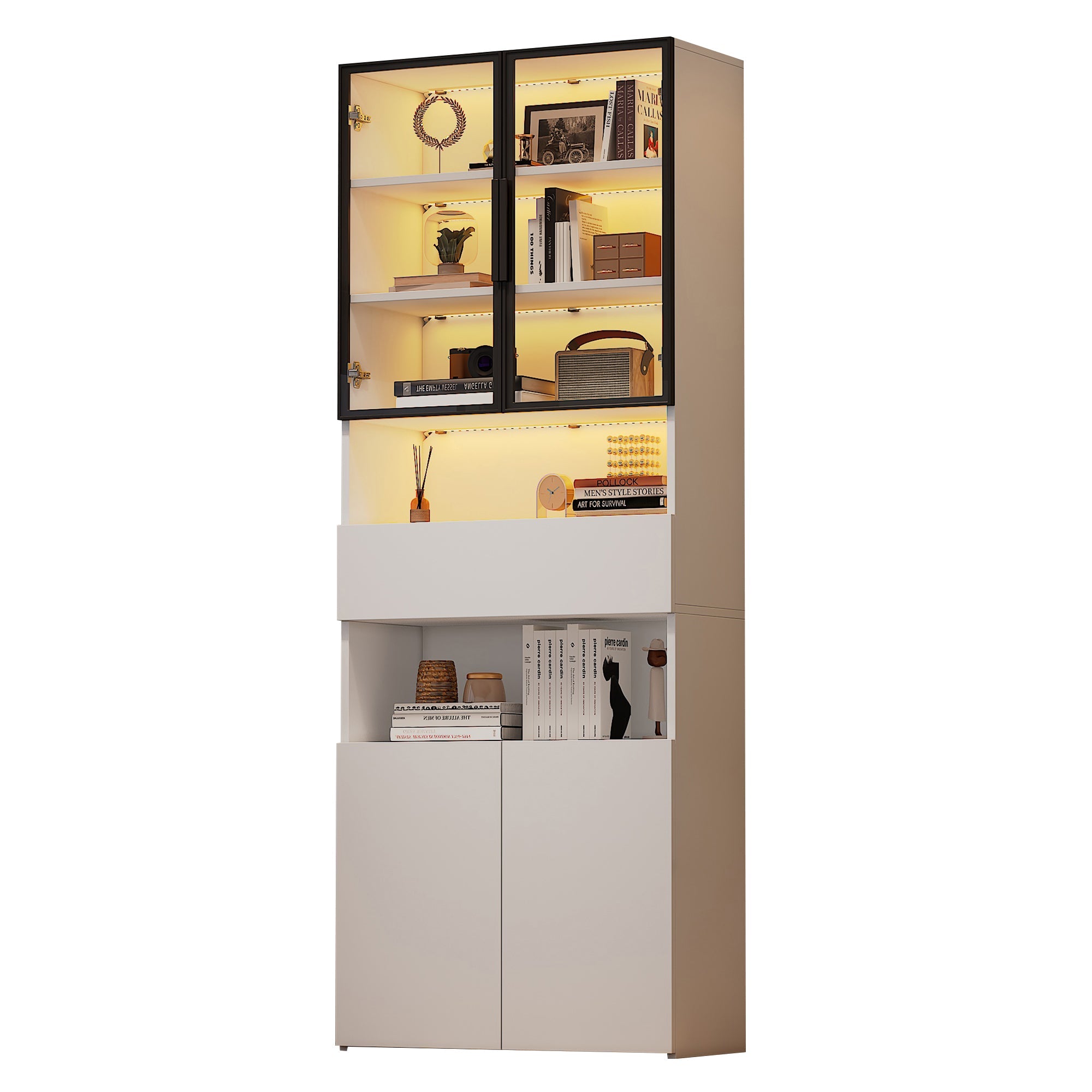 Logidon vitrinekast 70x30x200 cm witte LED glazen vitrinekast met lade