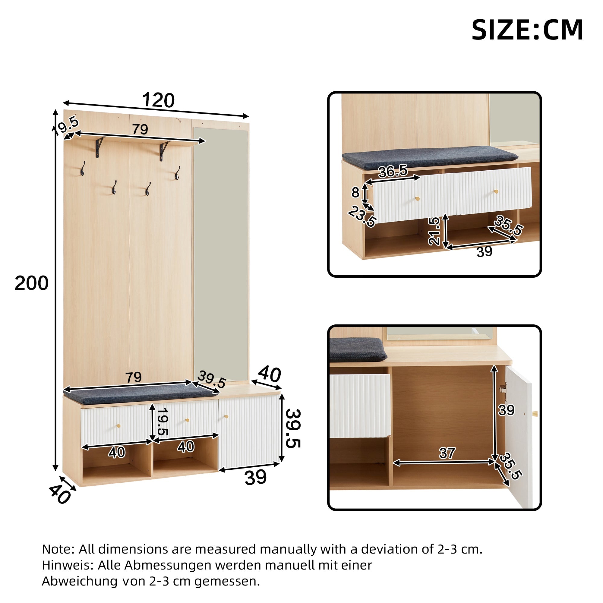 Logidon garderobekast 120x40x200 cm spiegel schoenenbank wit hout