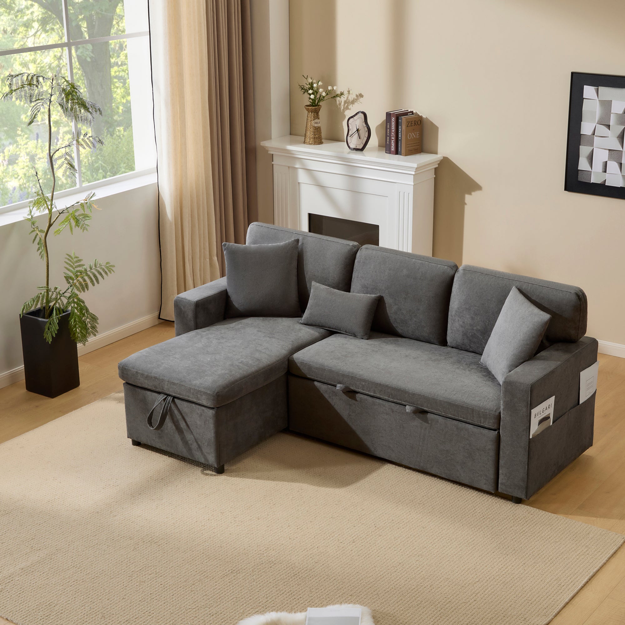 Logidon Corner Sofa Gray Extendable Bed With Bed Box Shelf 214x131