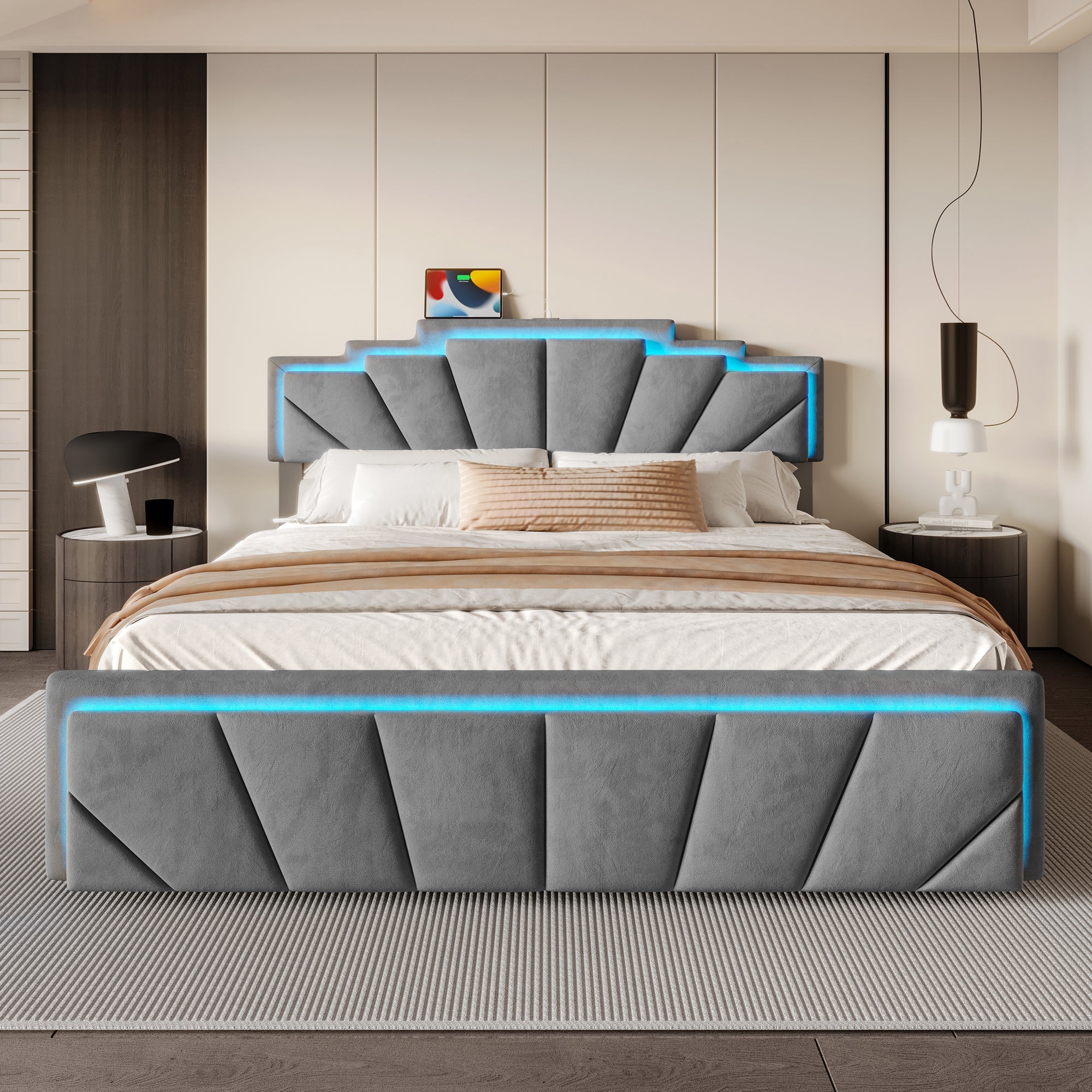 Logidon gestoffeerd bed 160x200 cm donkergrijs fluweel LED-hoofdbord