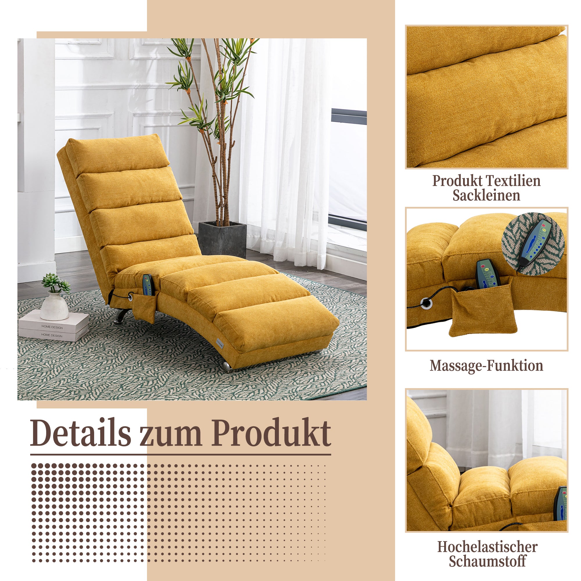 Logidon Linnen Massage Chaise Longue Met Afstandsbediening Mosterdgeel