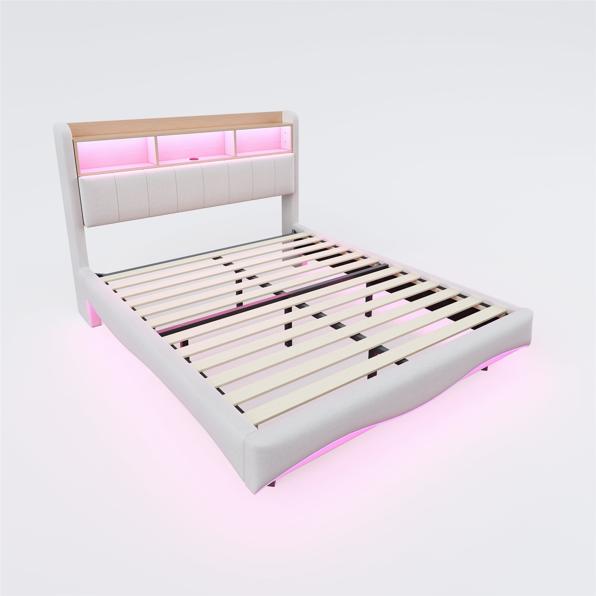 Logidon hangend gestoffeerd bed 160x200 beige met LED-licht USB C