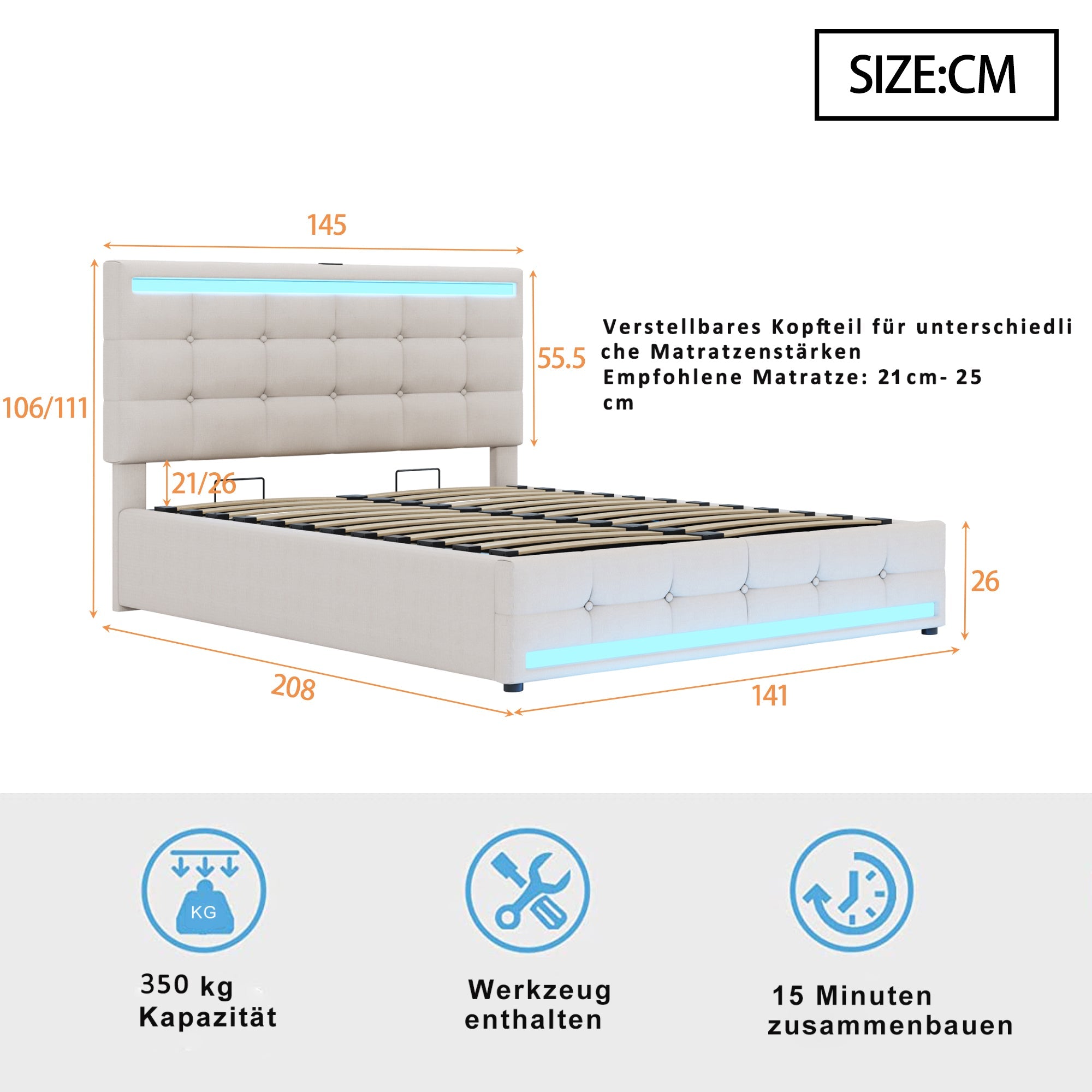 Logidon gestoffeerd bed 140x200 beige met LED verlichting en opbergruimte