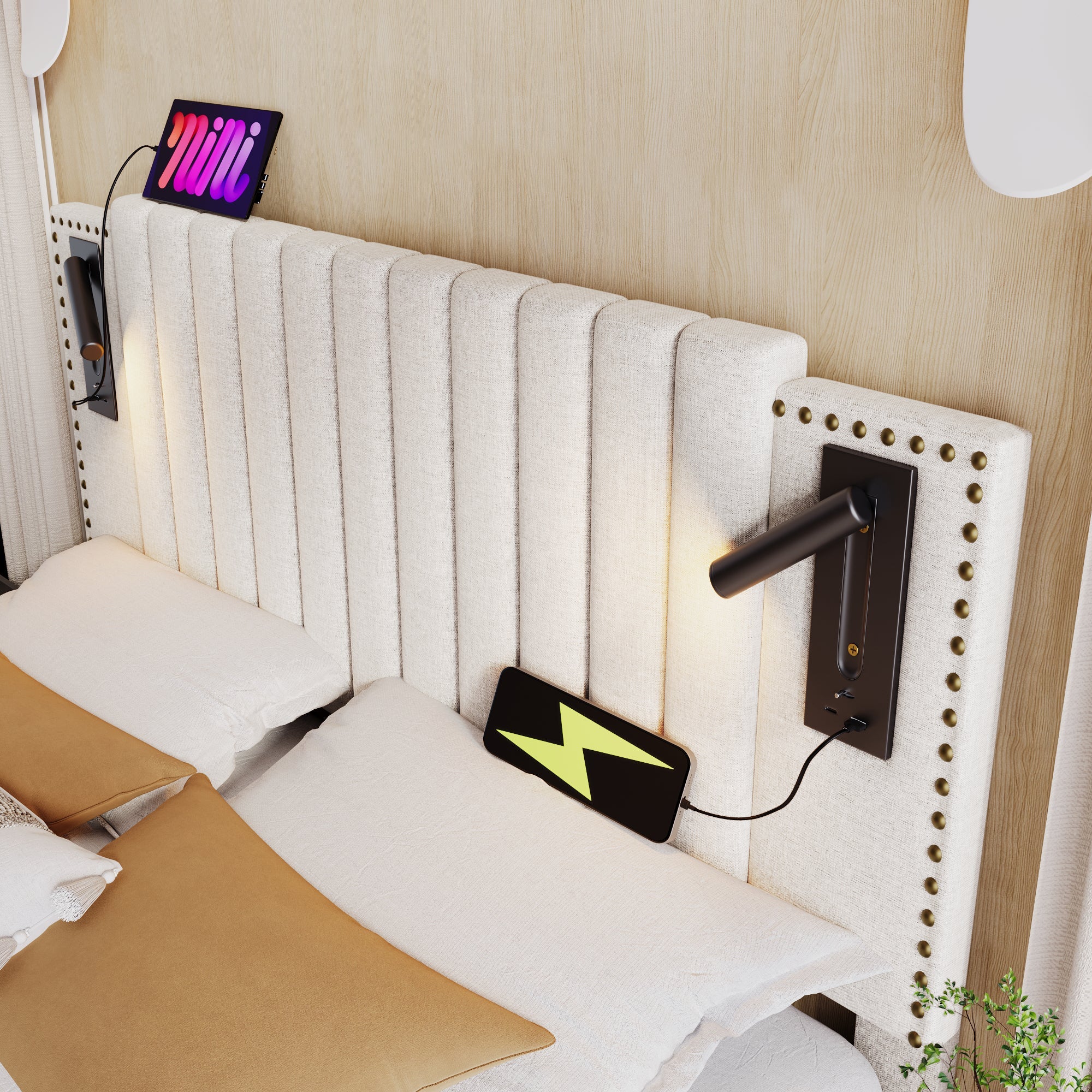 Logidon gestoffeerd bed 160x200 beige met opbergruimte en USB-leeslamp