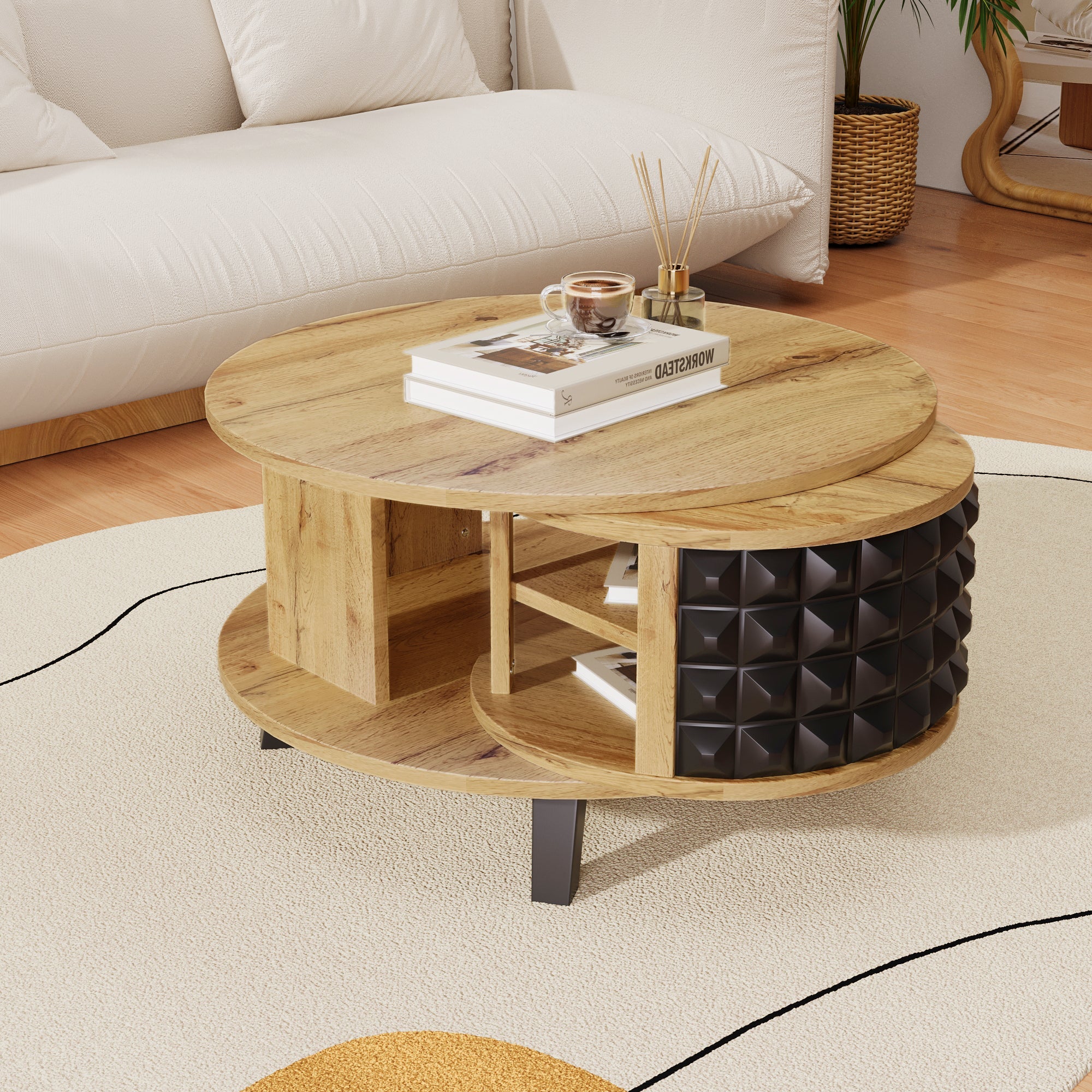Logidon turntable with hidden shelf natural wood look 85x80x45 cm