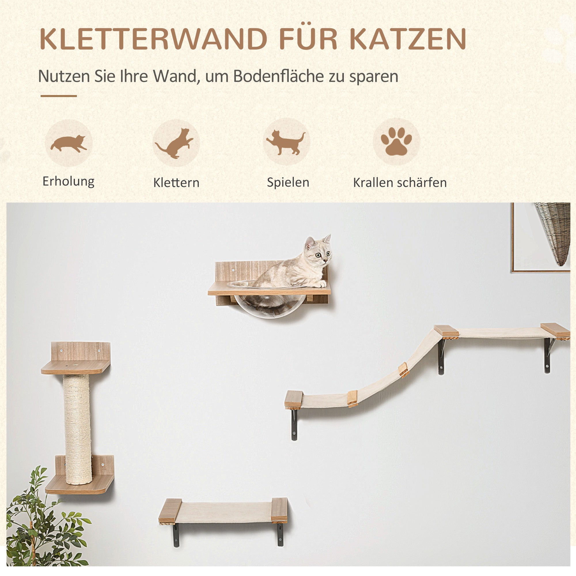 Logidon cat wall set light brown with scratching post, stairs and hammock