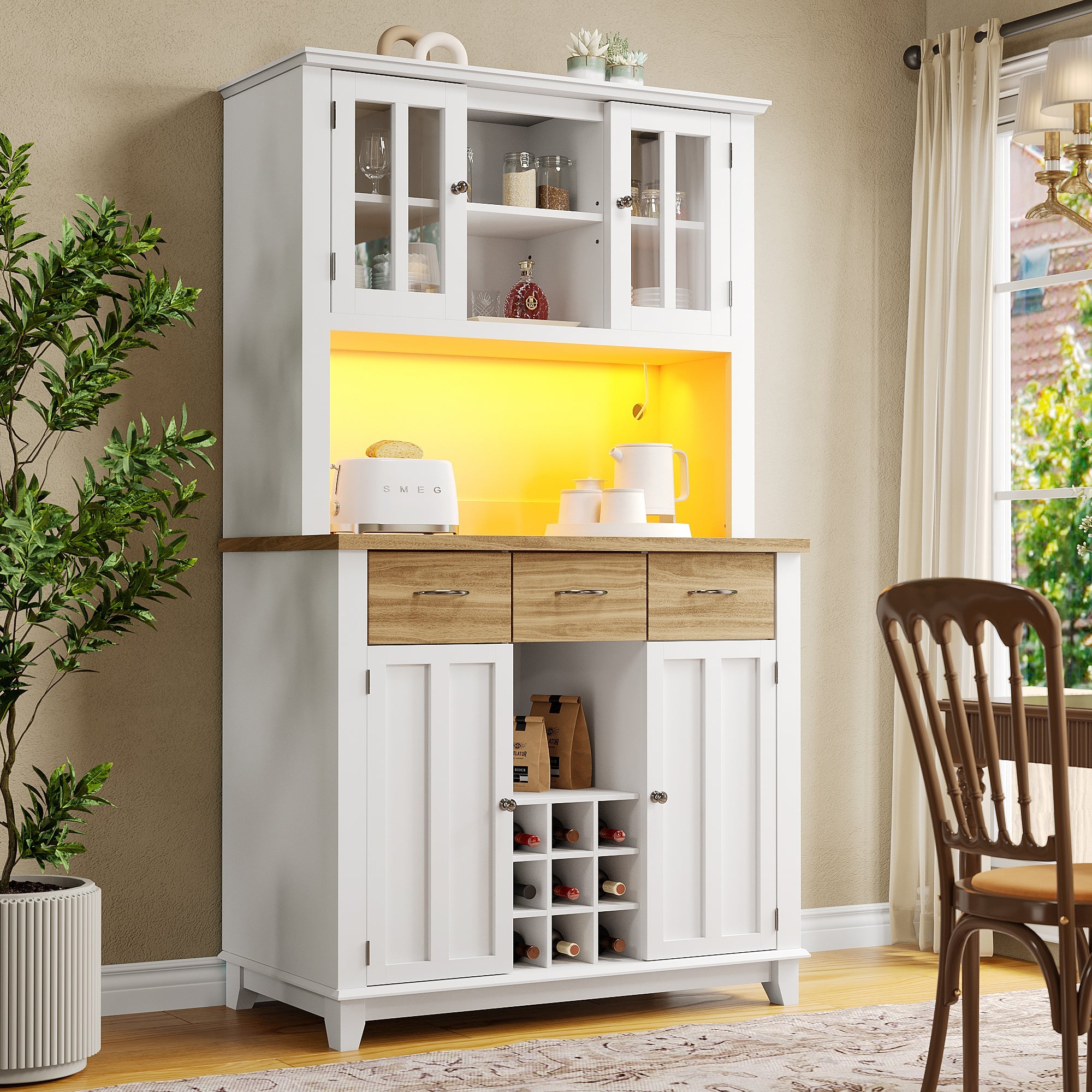 Logidon keukenkast vitrinekast 106x40x179cm met LED licht naturel wit