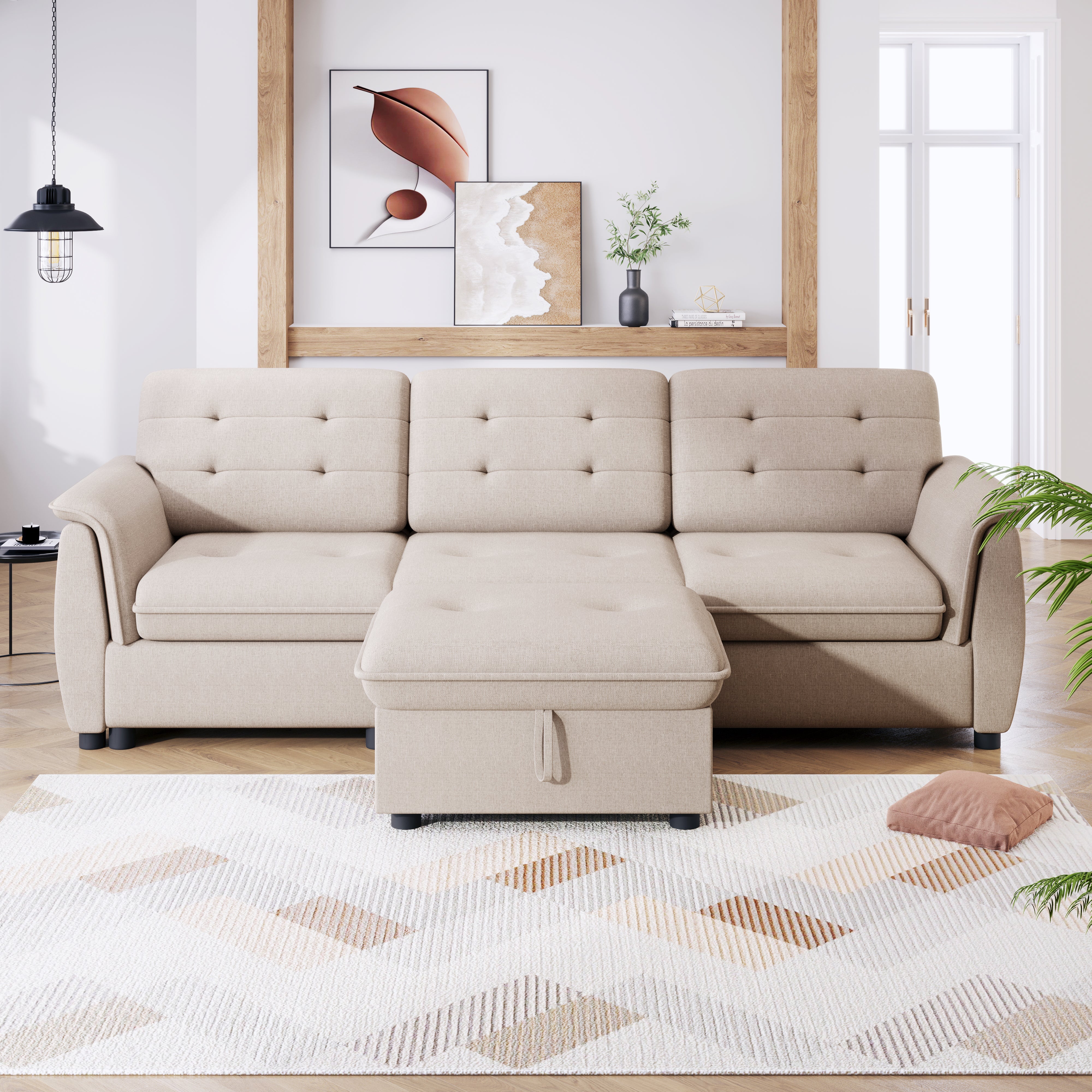 Logidon Corner Sofa L-Shape With Ottoman Storage Beige