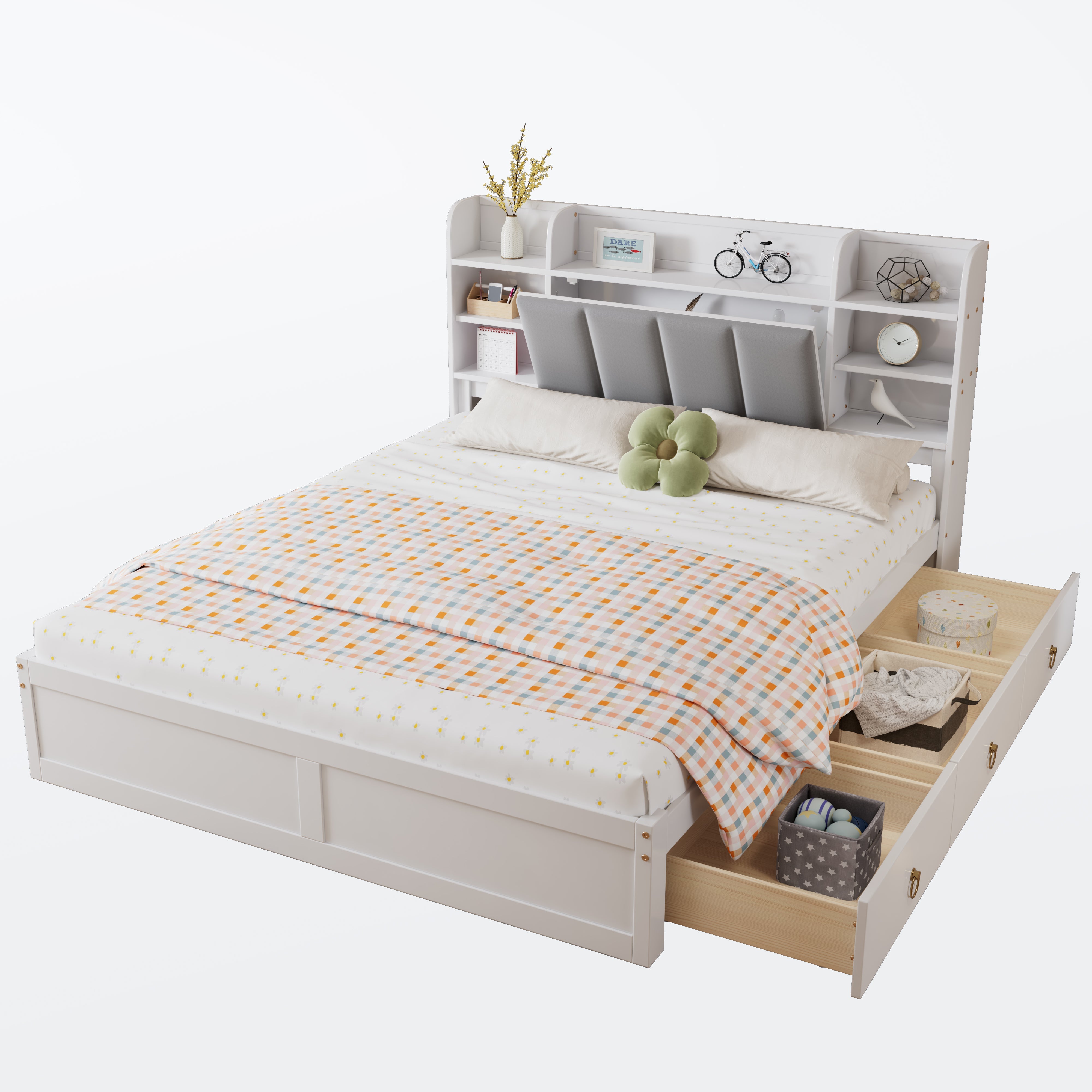 Logidon tweepersoonsbed 160x200 witgrijs, open plank en drie lades