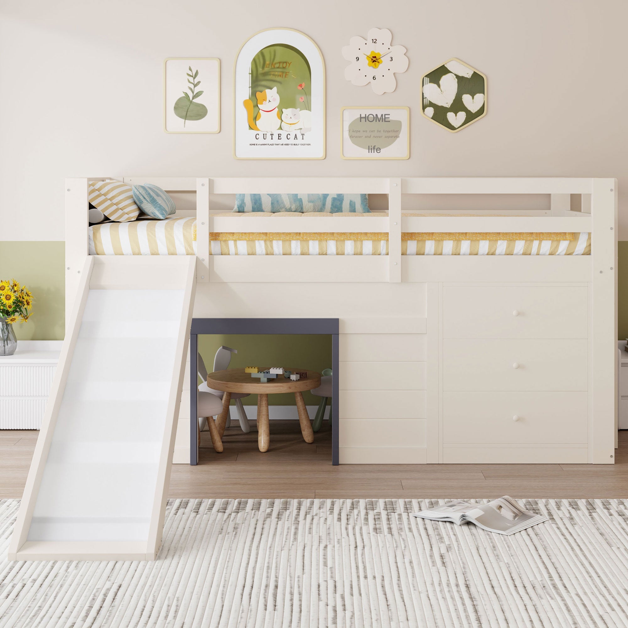 Logidon crème hoogslaper 90x200 met glijbaan, 3 lades, 2 deuren