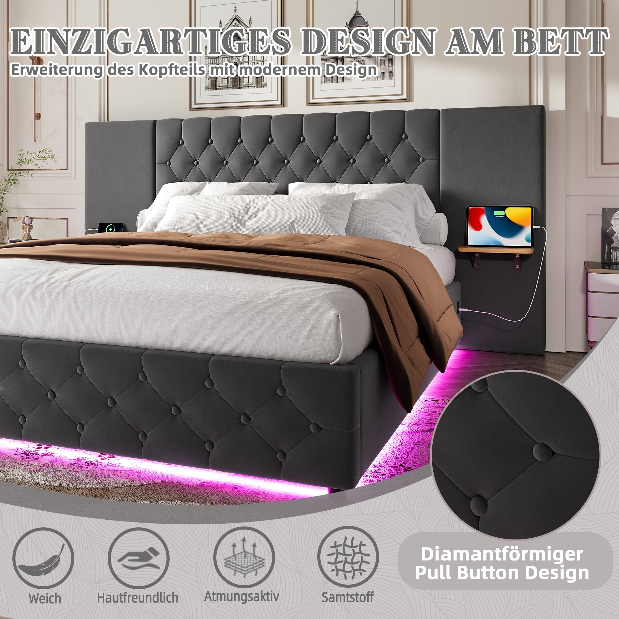 Logidon bedframe 140x200 cm grijs fluweel breed hoofdbord LED