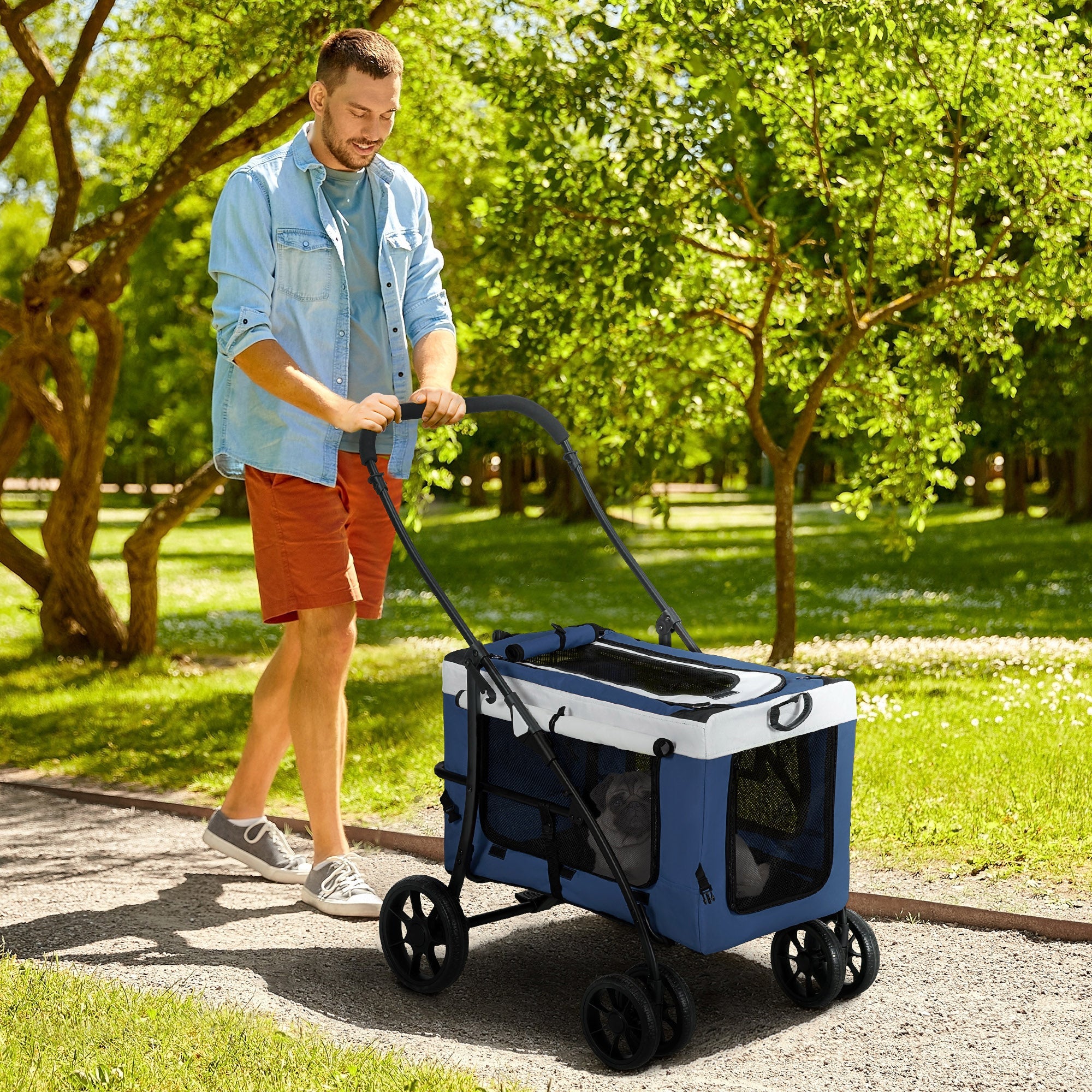 Logidon 2 in 1 hondenbuggy blauw afneembare mand met veiligheidslijnen
