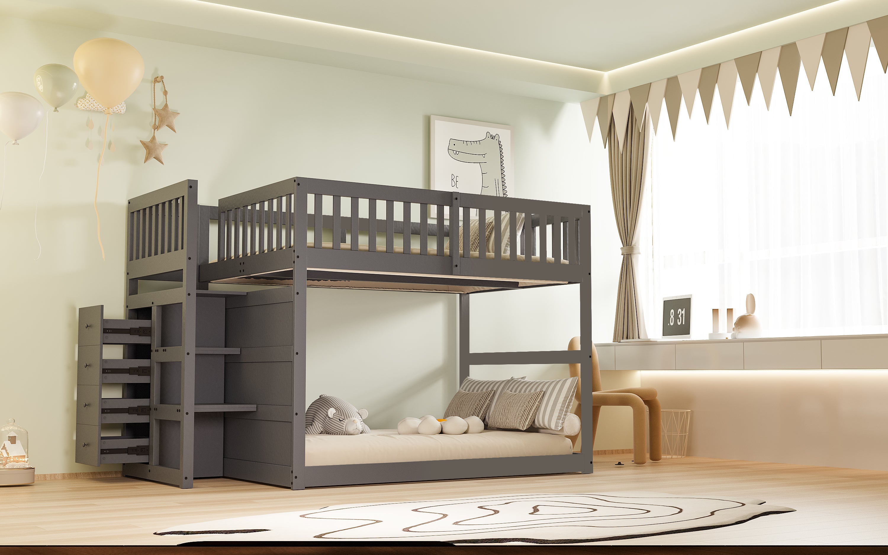 Logidon laag stapelbed 140x200 grijs veiligheidsstapelbed